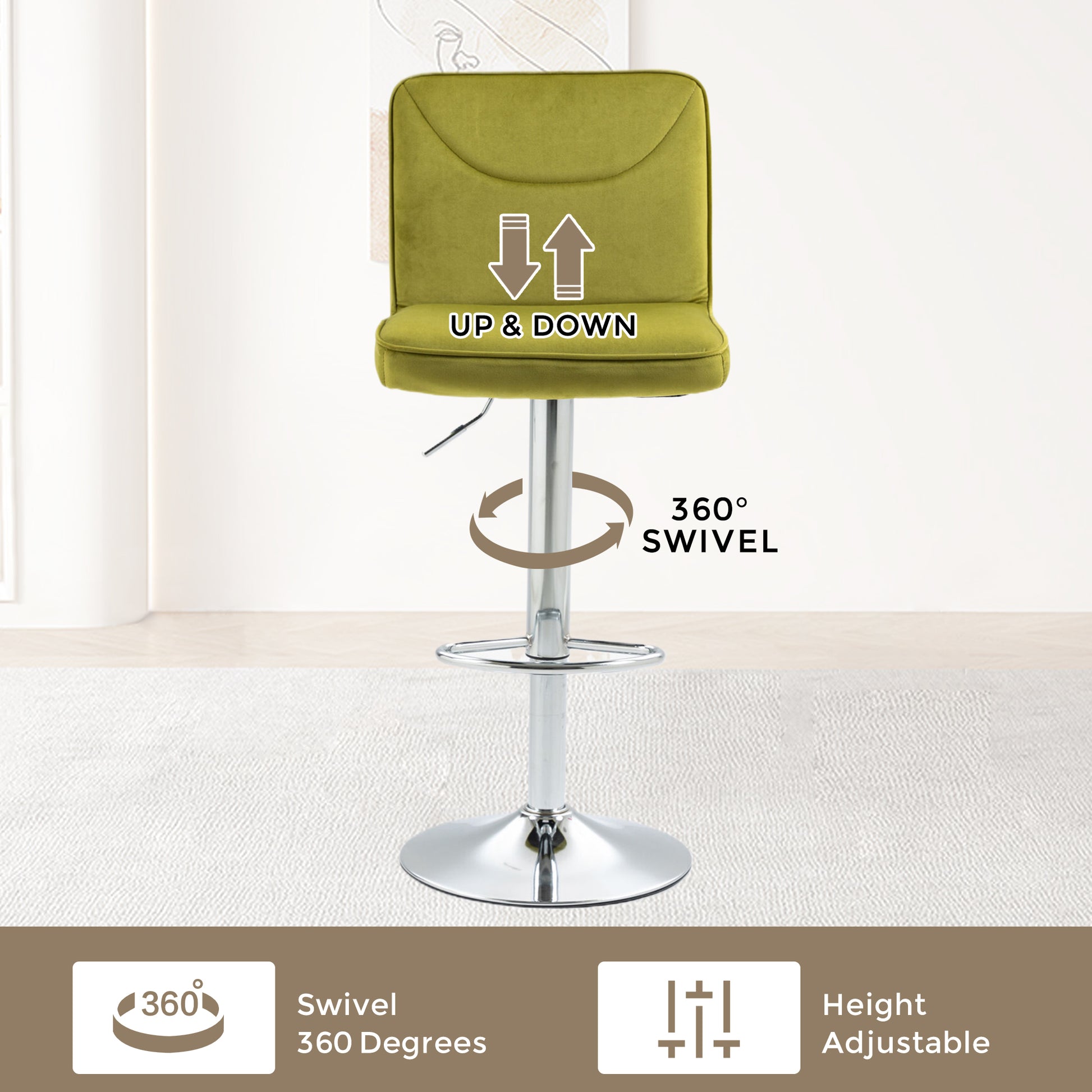 Coolmore Bar Stools With Back And Footrest Counter Height Dining Chairs 2Pc Set,360 Velvet Swivel Bar Stools Set Of 2, Adjustable Counter Height Bar Chairs Olive Velvet Olive Foam Velvet