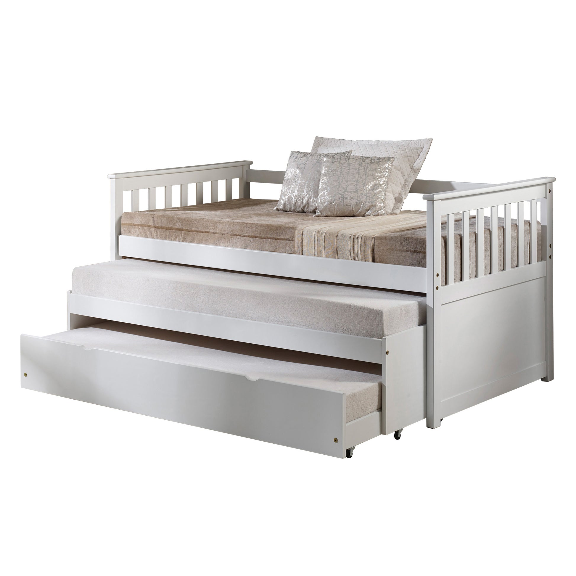 White Slatted Armrest Twin Daybed With Roll Out Bed Box Spring Not Required Twin White Wood White Wood