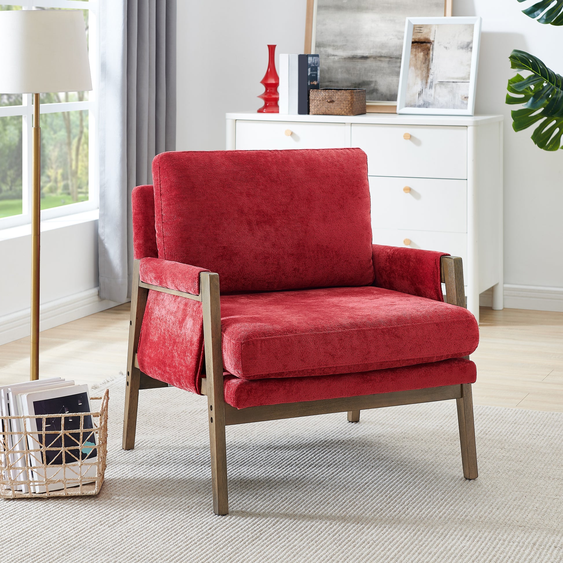 Kelly Mid Century Modern Velvet Accent Armchair, Red Red Brown Primary Living Space Mid Century Modern Rubberwood Velvet Solid Wood,Velvet