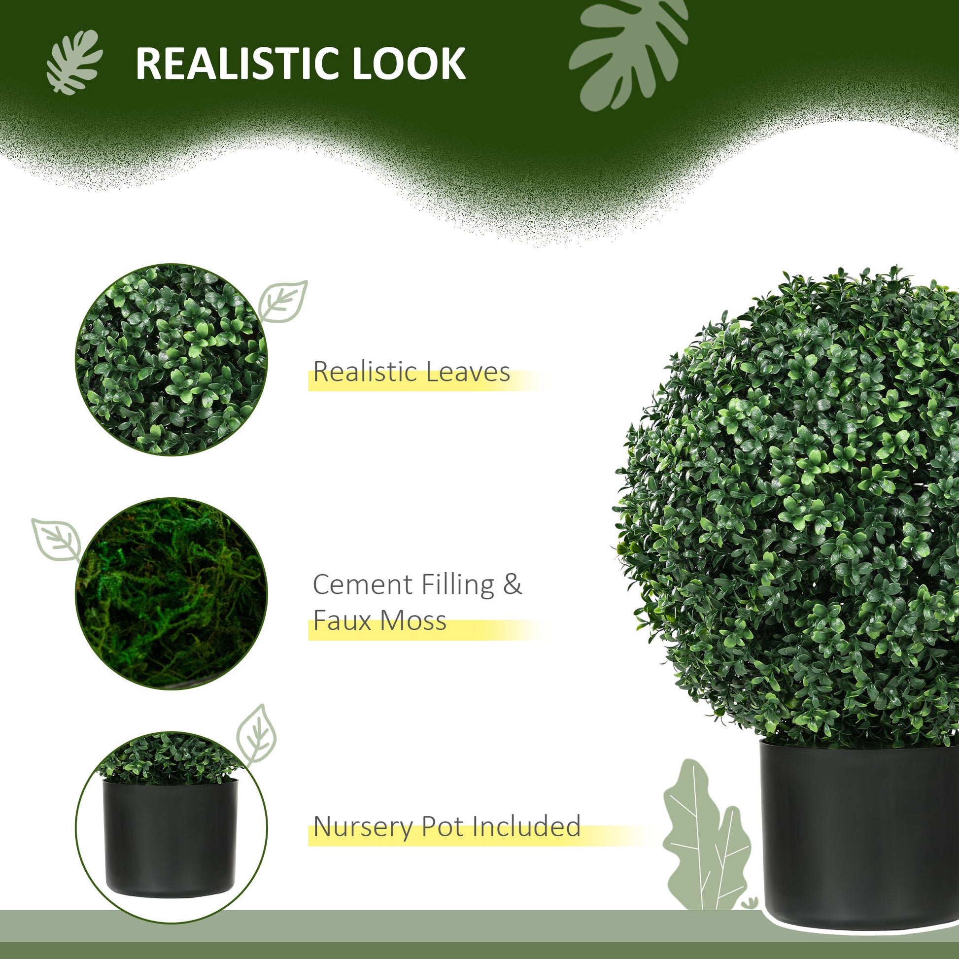 Homcom Set Of 2 20.5" Artificial Ball Boxwood Topiary Trees With Pot, Indoor Outdoor Fake Plants For Home Office & Living Room Decor Green Plastic