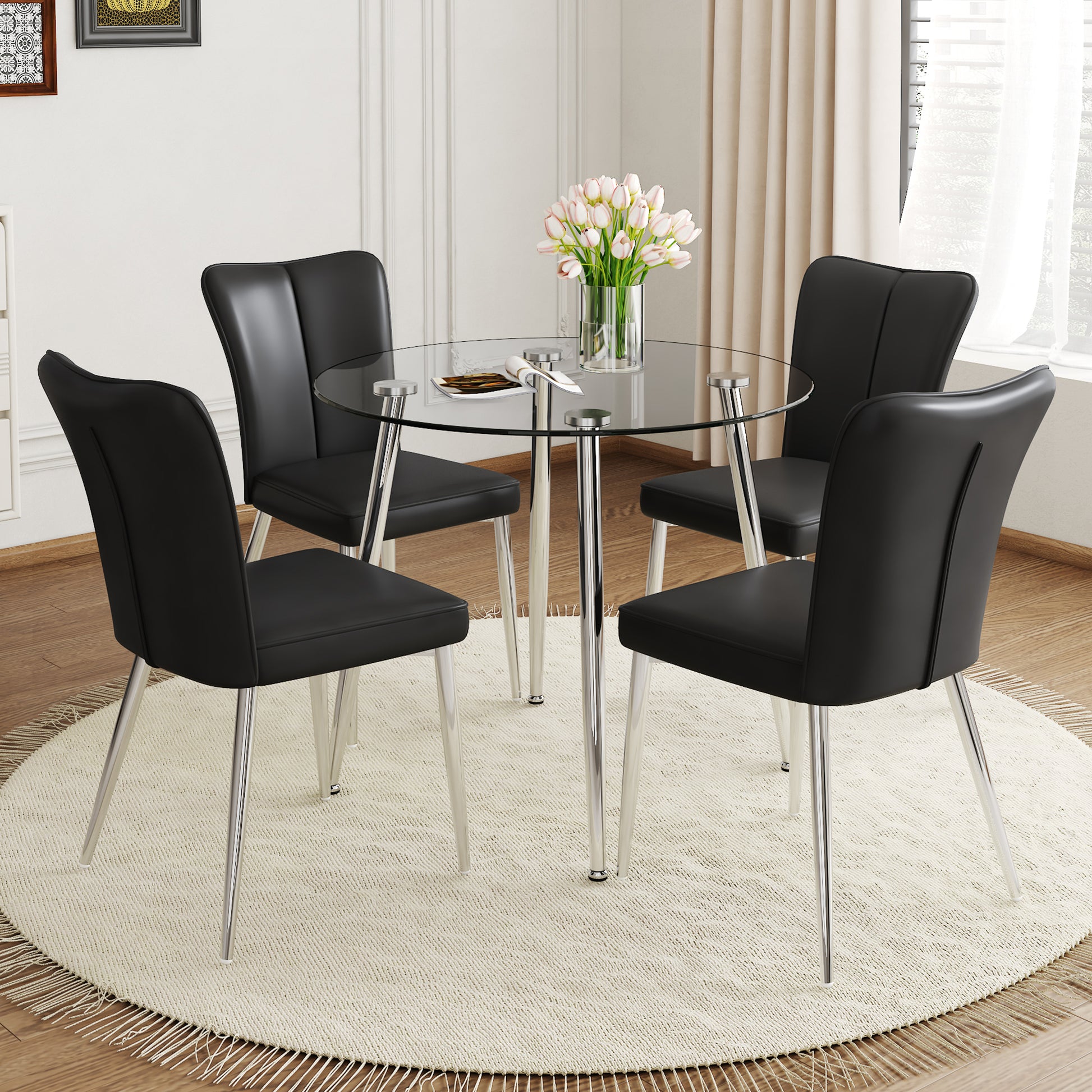 Table And Chair Set.A Modern Minimalist Round Dining Table With Transparent Tempered Glass Top And Silver Metal Legs,Paried With Chairs With Pu Backrest And Seat Cushion And Silver Metal Legs. Black Seats 4 Glass Metal