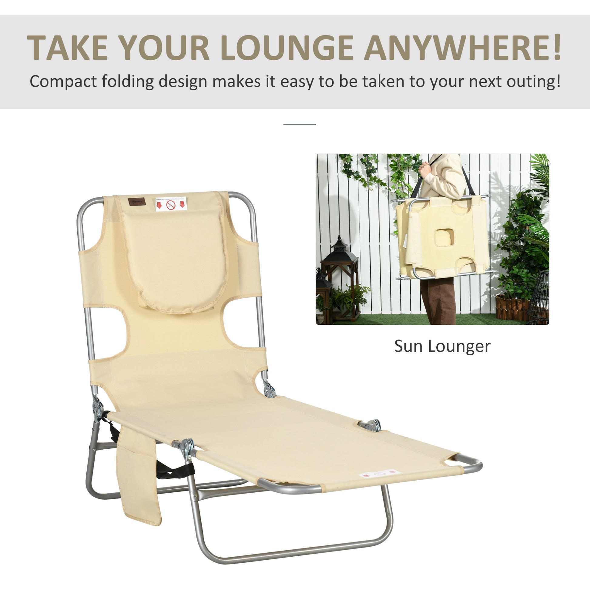 Outsunny Folding Beach Lounge Chair With Face Hole And Arm Slots, 5 Level Adjustable Sun Lounger Tanning Chair With Pillow For Patio, Garden, Beach, Pool, Beige Beige Oxford Fabric