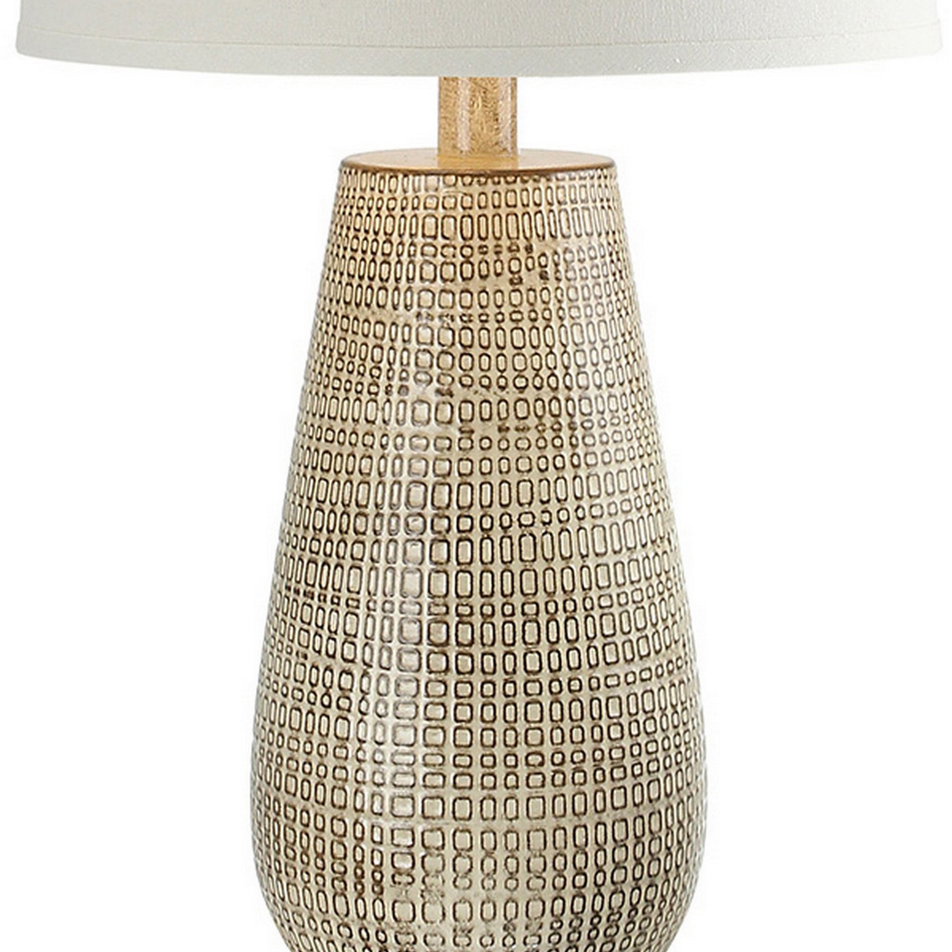 28 Inch Hydrocal Table Lamp, Drum Shade, Curved Geometric Base, Brown Brown White Fabric