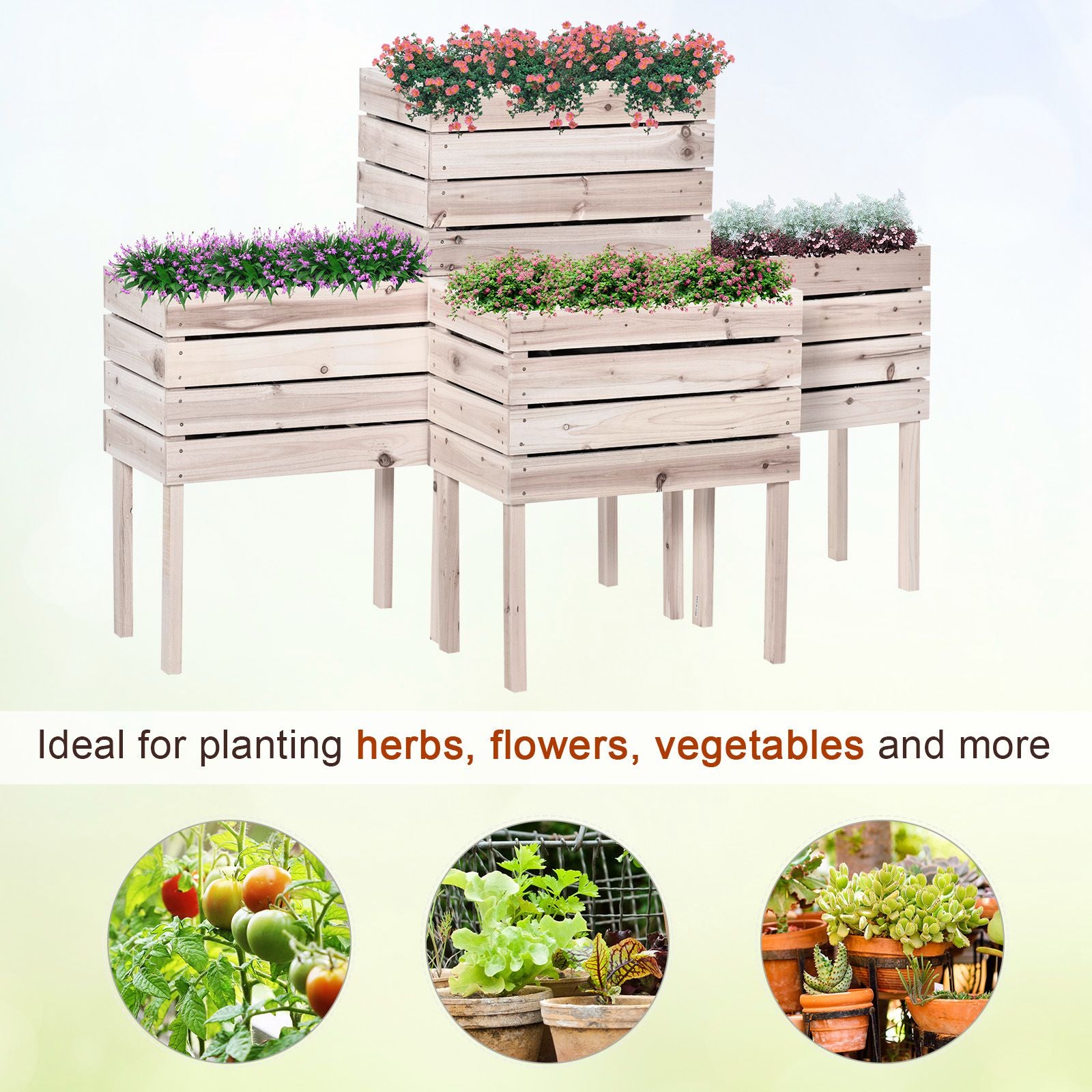 Outsunny 4Pcs Raised Garden Bed, Wooden Elevated Planter Box Kit With Bed Liner, Diy Shape, For Flowers Vegetables Natural Wood Wood