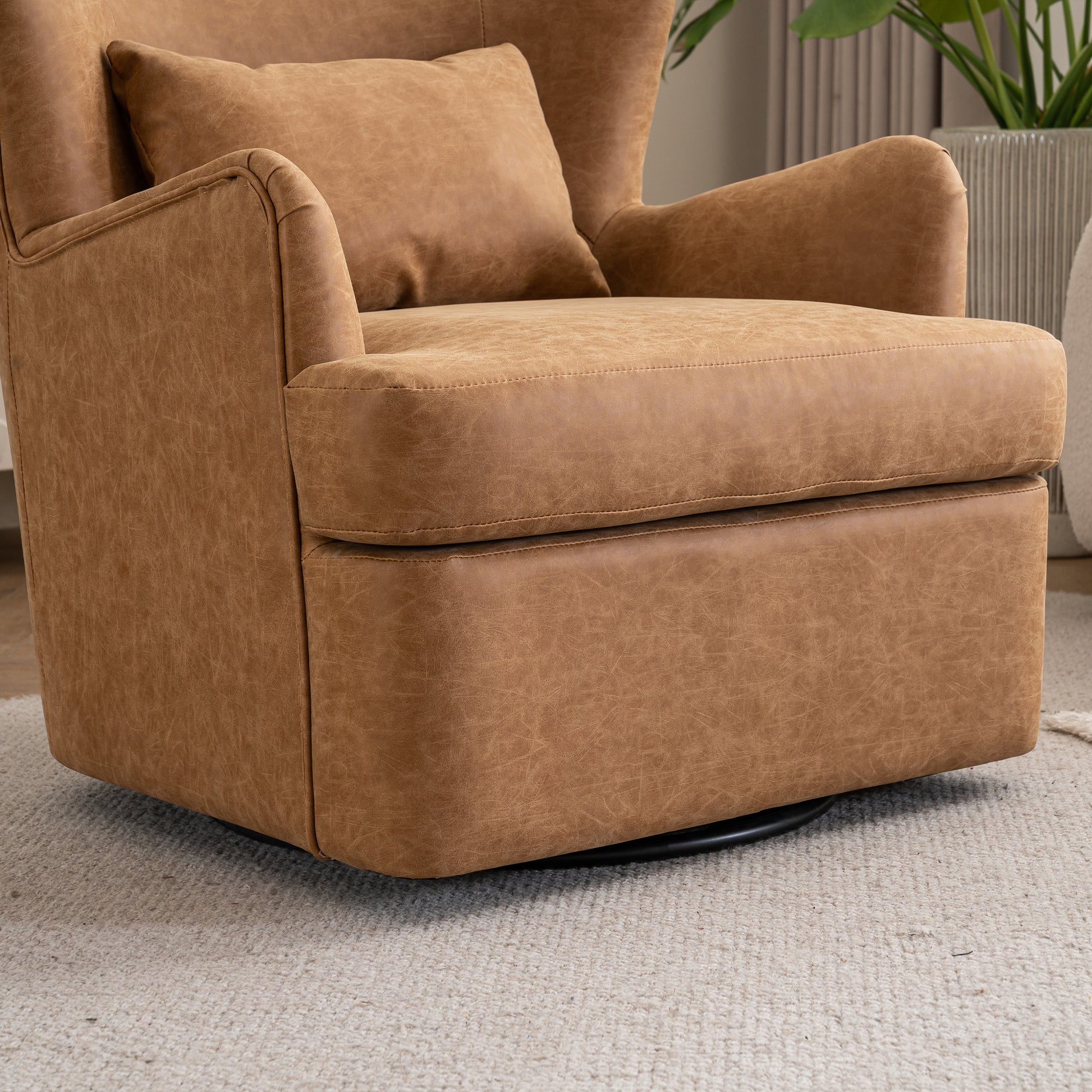Synthetic Leather Upholstered Swivel Chair, 360 Swivel Comfort Round Armchair, Single Sofa Chair With Lounge Seat For Bedroom Office Reading Space, Set Of 1 ,Brown Yellow Brown Yellow Wood