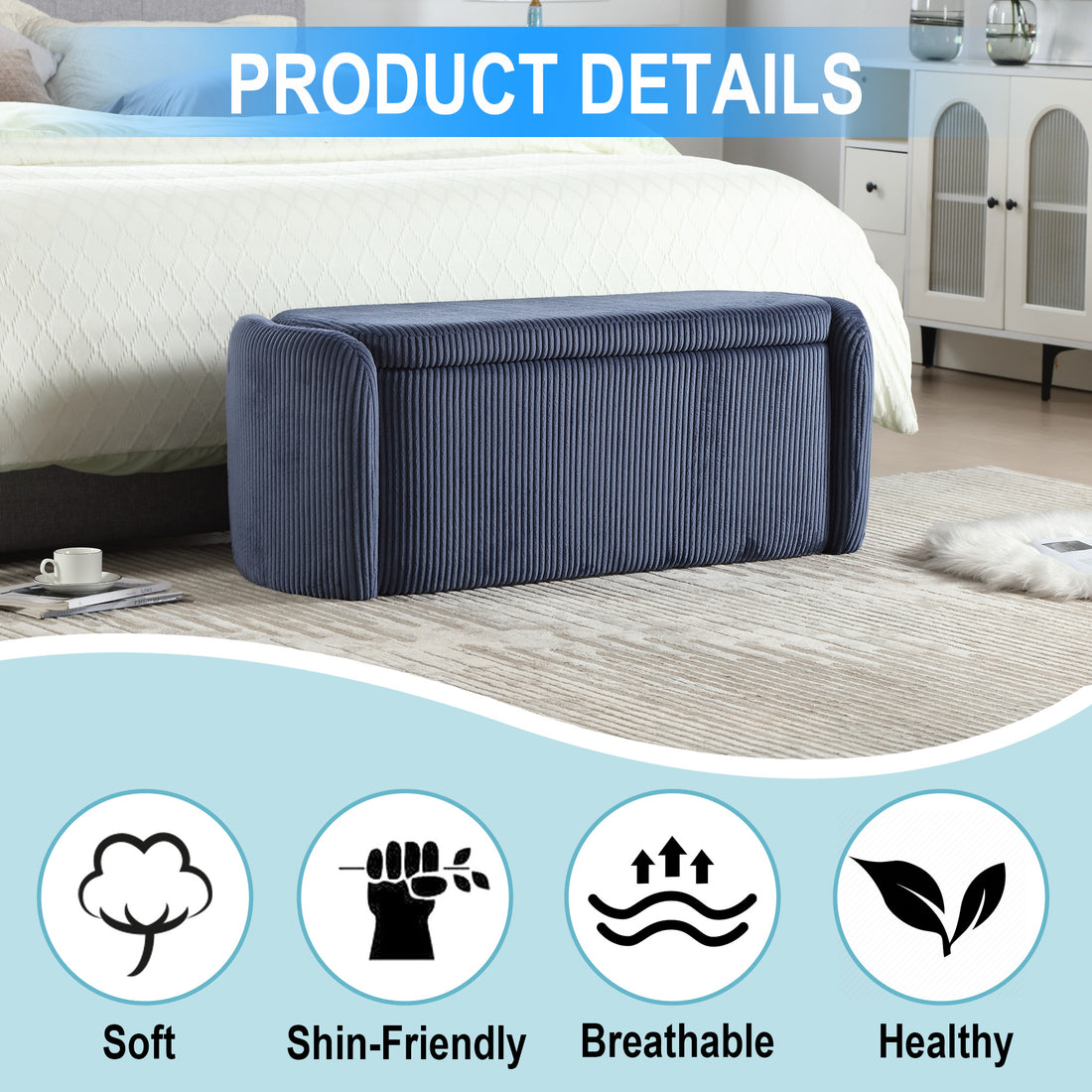 Coolmore Storage Ottoman,Bedroom End Bench,Upholstered Fabric Storage Ottoman With Safety Hinge, Entryway Padded Footstool, Ottoman Bench For Living Room & Bedroom Navy Navy Primary Living Space Foam Corduroy
