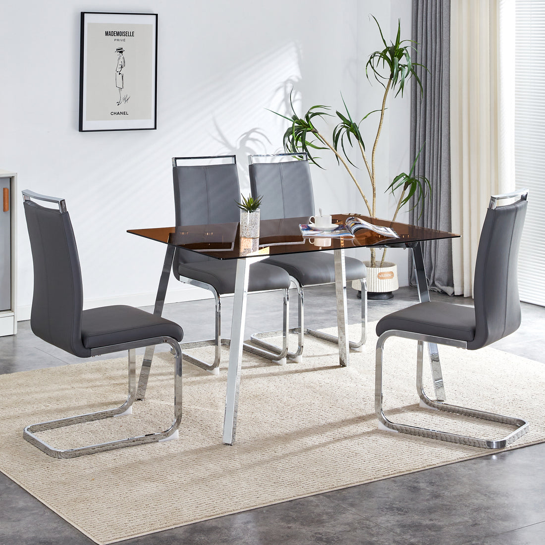1 Table And 4 Chairs, Brown Tempered Glass Tabletop And Silver Metal Legs, Modern Minimalist Style Rectangular Glass Dining Table, Paired With 4 Modern Silver Metal Leg Chairs. 1123C 1162 Brown Seats 4 Glass