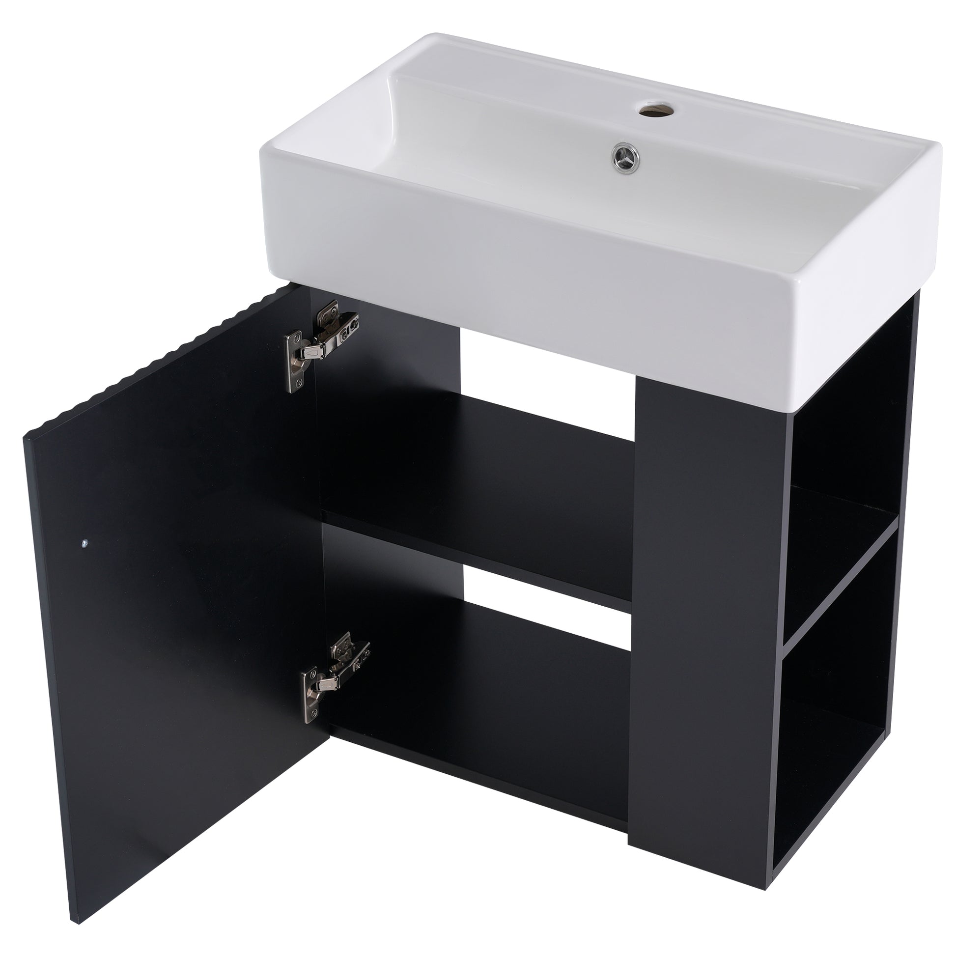 Video 21.6 Inch Modern Floating Bathroom Vanity With Ceramic Basin Perfect For Small Bathrooms, Right Side Storage Black Bathroom Ceramic Mdf