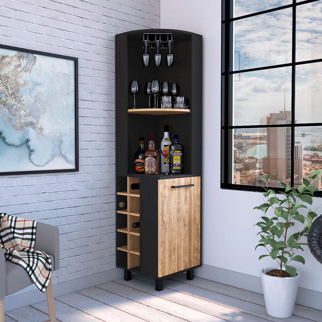 Kaia 70" Tall Corner Bar Cabinet With Four Shelves, Ten Wine Bottle Cubbies And Stemware In Black Pine Multi Primary Living Space Modern Shelves Included Particle Board