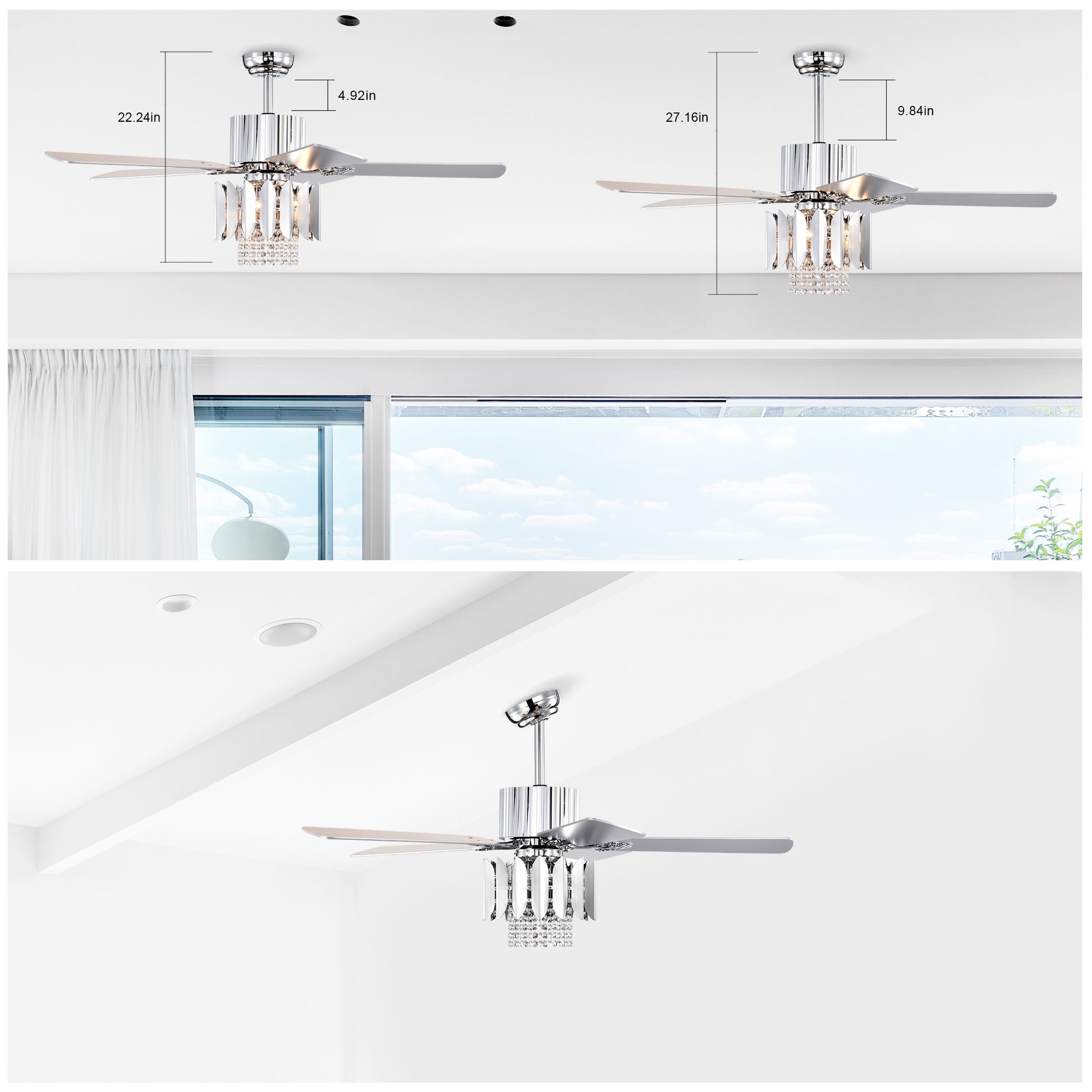 Crystal Ceiling Fan Reversible Blades 3 Wind Speeds Remote Control For Bedroom Living Dining Room Chrome Chrome American Design,American Traditional,Retro,Traditional,Vintage Crystal Iron