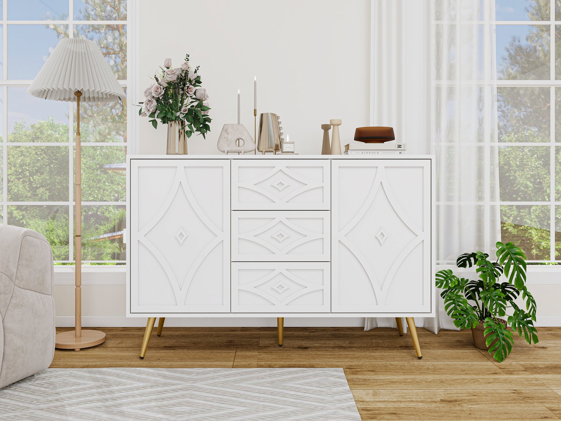 2 Door 3 Drawer Storage Cabinet Buffet Cabinet ,Sideboard With Adjustable Shelf,47.24" Kitchen Cabinet With 3 Drawer ,Storage Cabinet For Living Room Kitchen Dining Room Entrance White Particle Board Mdf