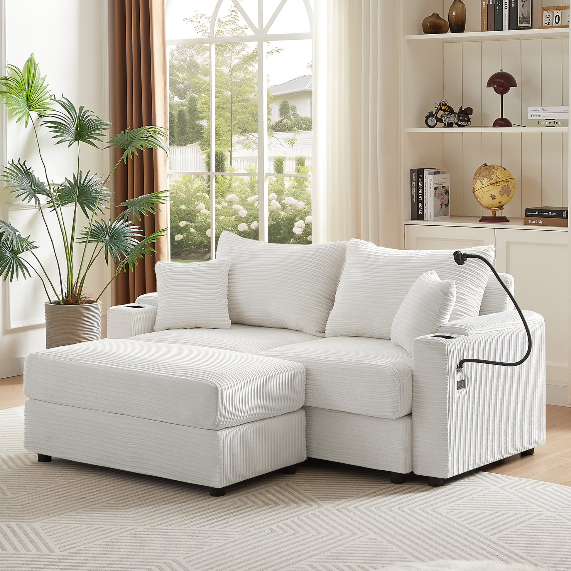 72.8" Modern Style Loveseat Sofa Sectional Sofa Couch With Storage Space, A Movable Ottoman, Two Usb Ports, Two Cup Holders, A Phone Holder For Living Room, Beige Beige Foam Corduroy 3 Seat