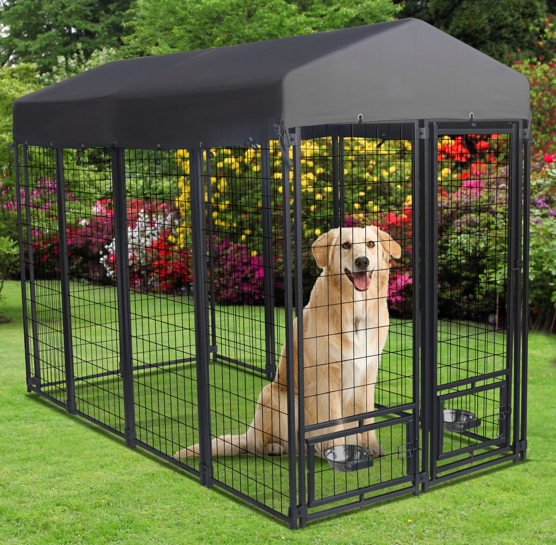 Outdoor Dog Kennel, 8' X 6' X 4' With Waterproof Heavy Duty Metal Dog Cage,Large Size W Rotate Feeding Doors & Upgraded Canopy For Medium Big Dog Grey Outdoor Kennel Metal