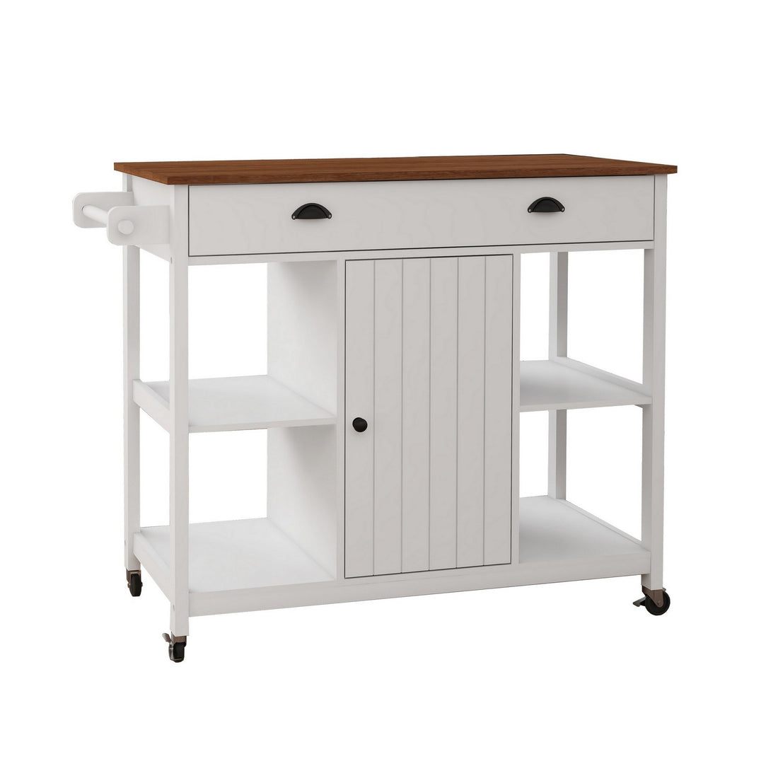 40 Inch Rolling Kitchen Cart, Open Shelves, Rich Brown Wood Surface, White Brown White Mdf