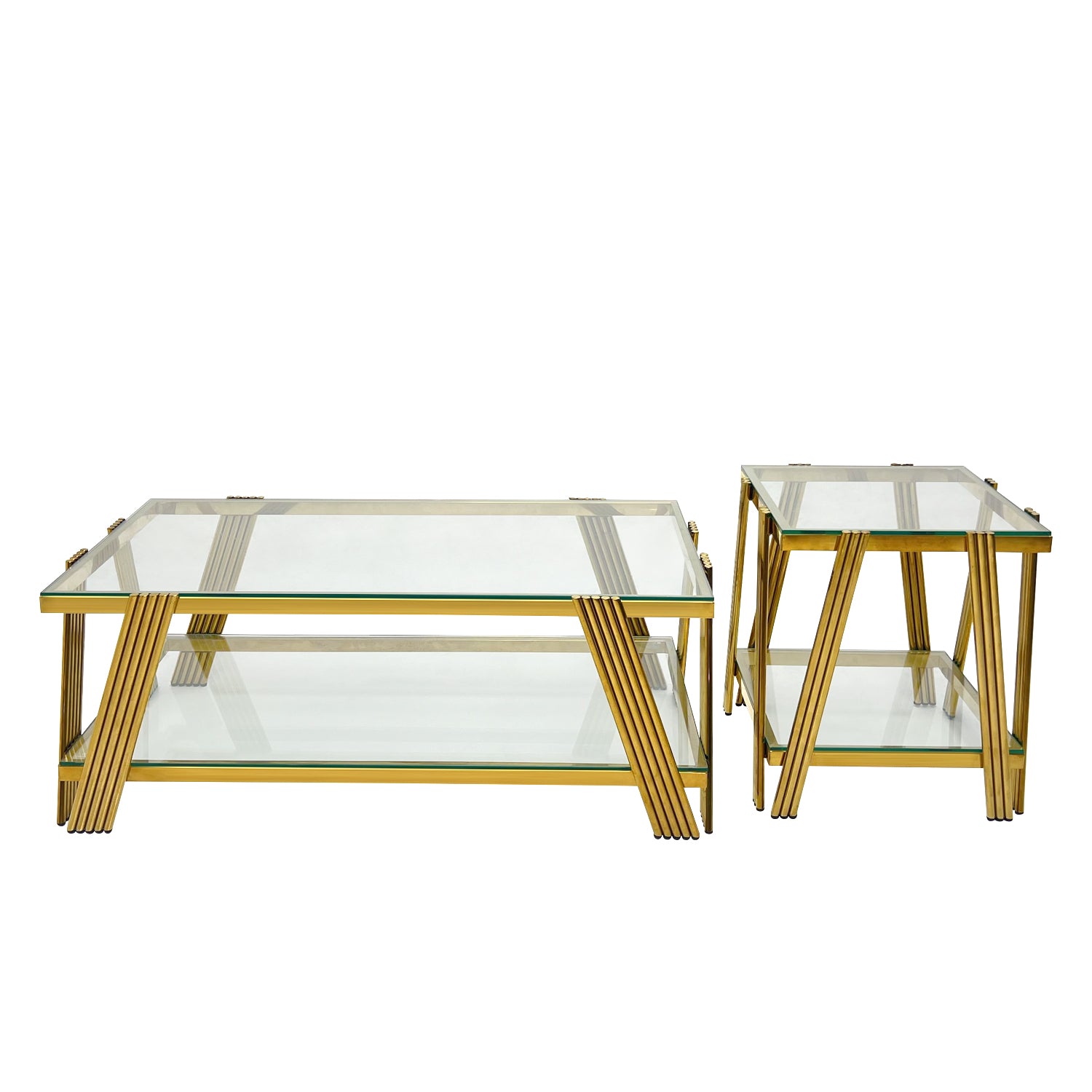 Modern Stainless Steel Coffee Table Set Set Of 2 , Double Layer Clear Tempered Glass Table Top, Coffee Table & End Side Table 2 Pieces Sets For Living Room Home Office, Gold Clear,Gold Modern Open