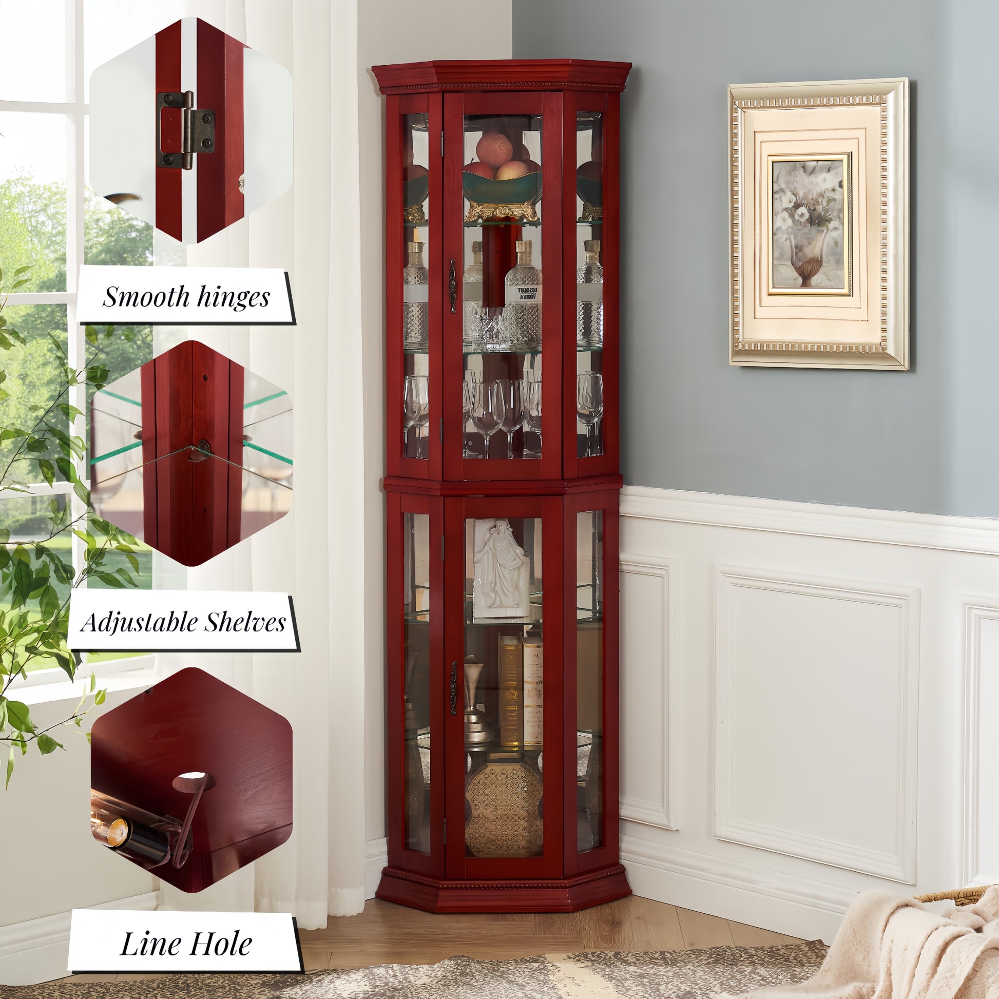 Corner Curio Cabinet Lighted Corner Display, Glass Display Shelf Shelving Bar Cabinet With Tempered Glass Door, Bar Cabinet,Cabinet With Adjustable Shelf Glass Cabinet Shelves Bead Bulb Included Cherry Mdf Glass