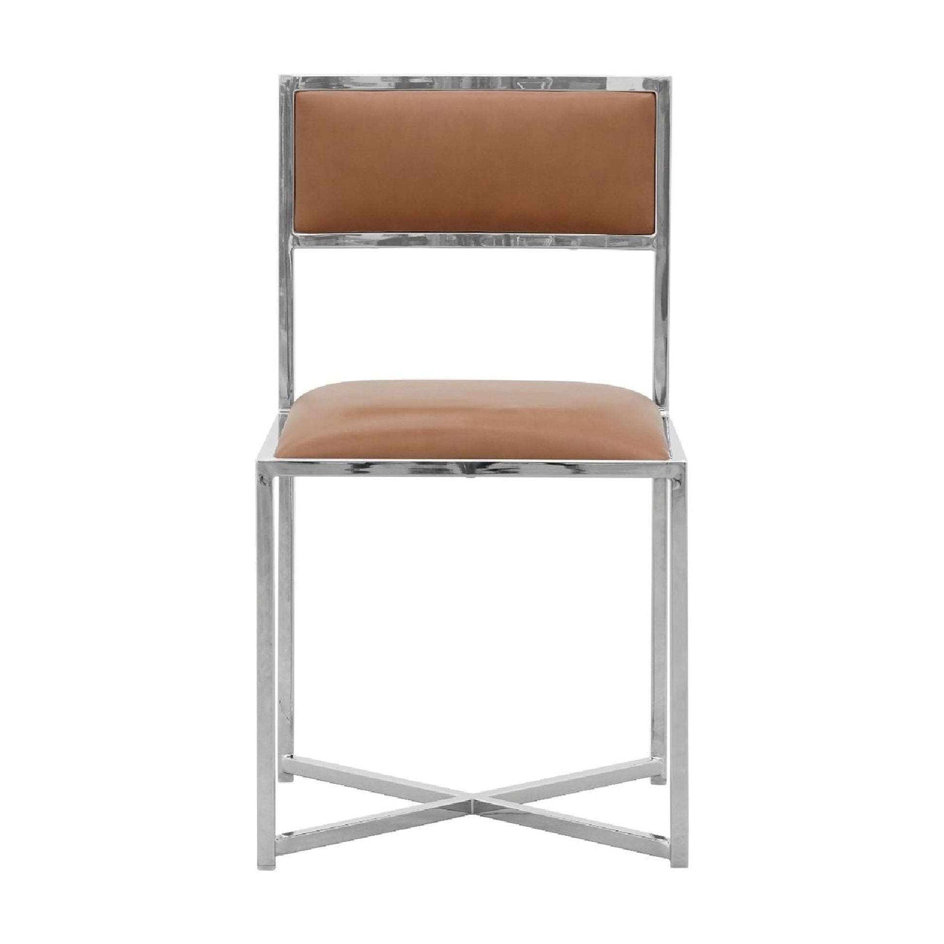 Eun 20 Inch Vegan Faux Leather Dining Chair, Chrome Base, Set Of 2, Brown Brown Metal