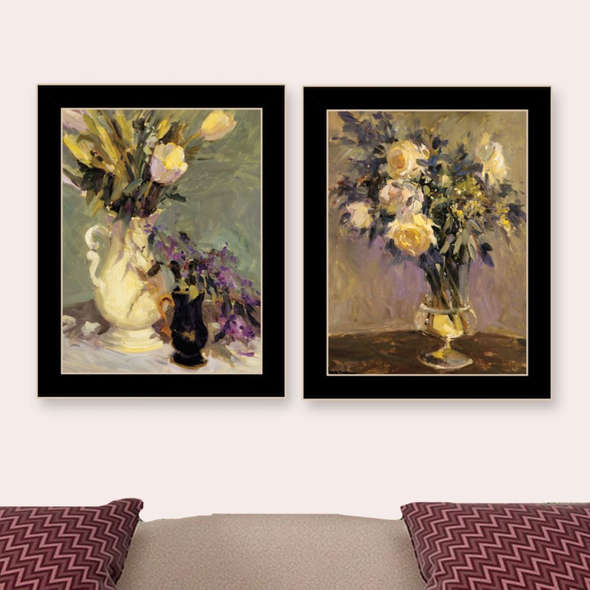 "Abstract Tulips & Lavender Flower Vases" Framed Wall Art For Living Room, Wall Art Print For Home Decor, Bedroom Wall Art By Jg Studio Multicolor Wood Paper