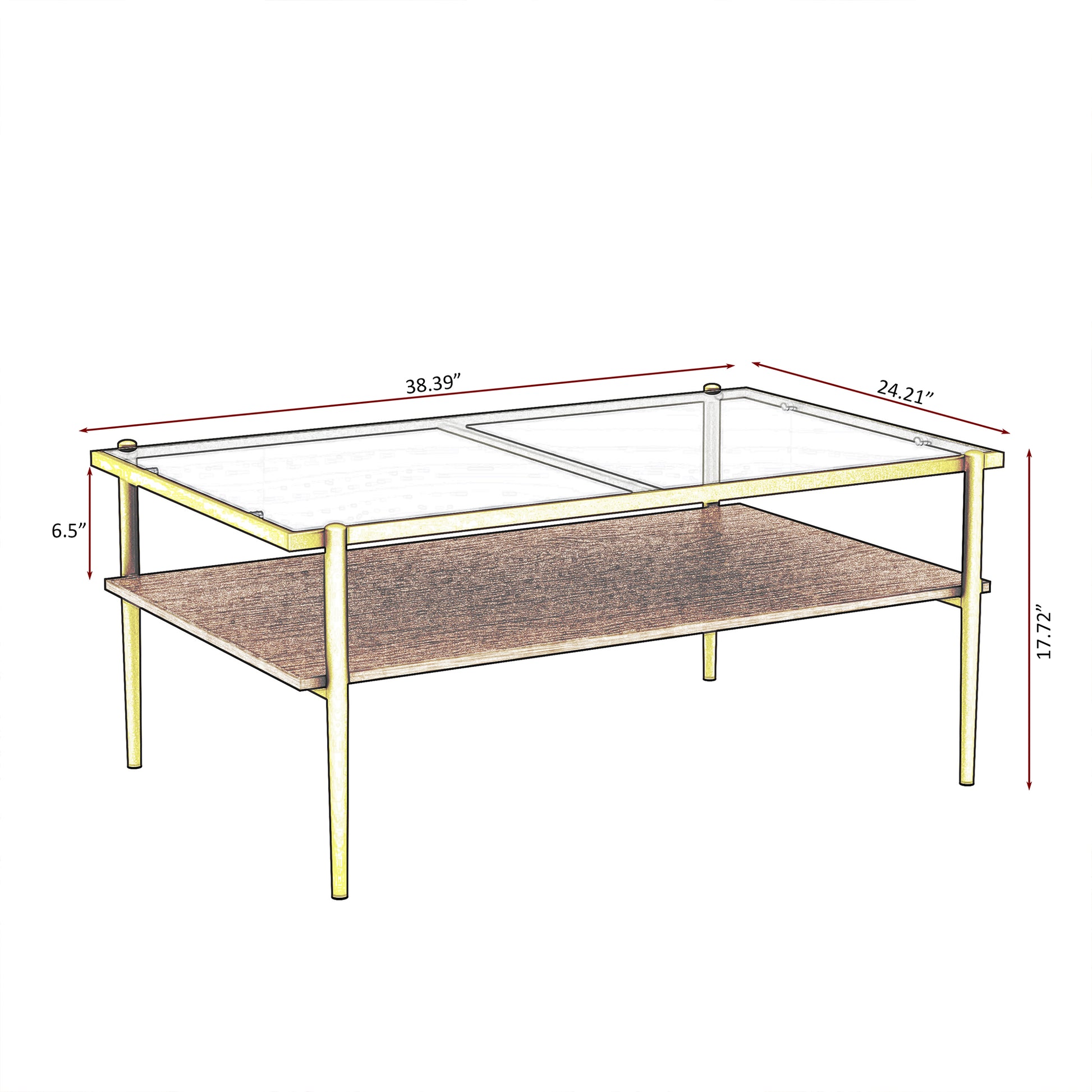 Rectangle Coffee Table With Gray Tempered Glass Top And Golden Legs, Modern Table For Living Room Gray Tempered Glass