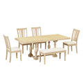 Traditional 6 Piece 78Inch Trestle Extendable Dining Table Set With One 18Inch Removable Leaf, Padded Dining Chairs And Bench,Natural Wood Dining Room Solid Wood Rubberwood Rectangular Dining Table With Chair And Bench Upholstered Chair Wood Natural Slat