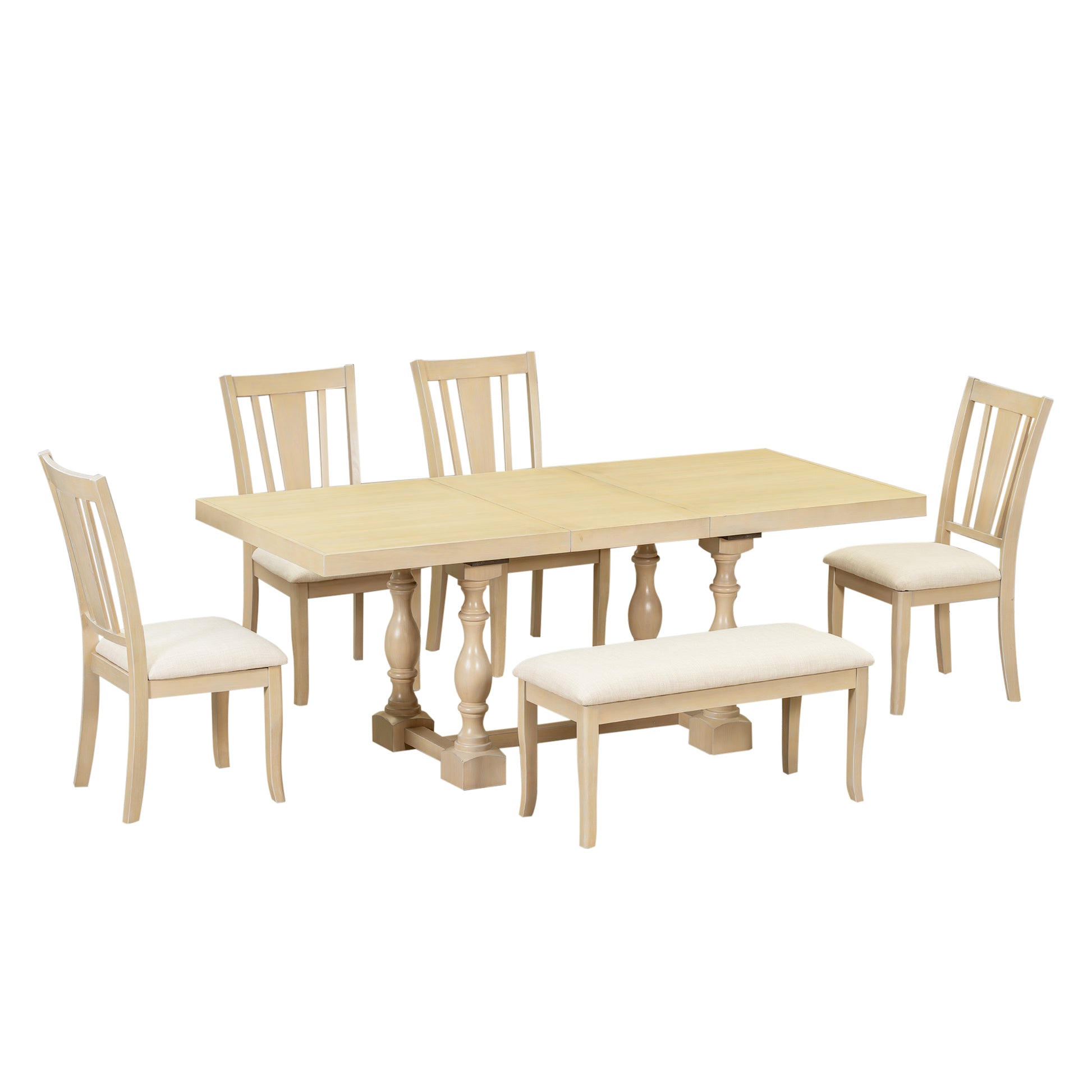 Traditional 6 Piece 78Inch Trestle Extendable Dining Table Set With One 18Inch Removable Leaf, Padded Dining Chairs And Bench,Natural Wood Dining Room Solid Wood Rubberwood Rectangular Dining Table With Chair And Bench Upholstered Chair Wood Natural Slat