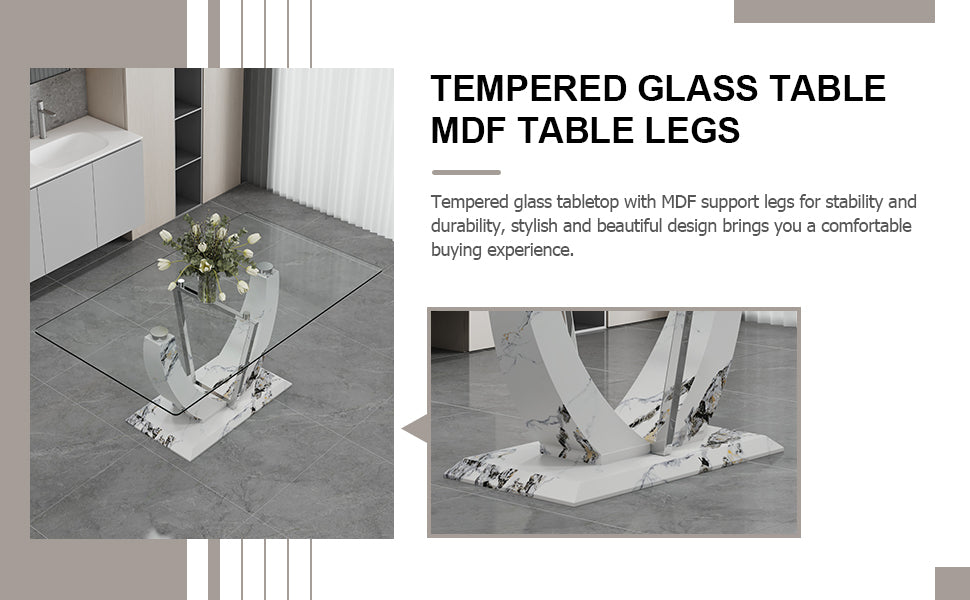 Table And Chair Set, Large Modern Rectangular Glass Table, Can Accommodate 6 8 People, Equipped With A 0.39 Inch Tempered Glass Tabletop And Mdf Table Legs.Paired With Comfortable And Soft Chairs. Light Gray Mdf Glass