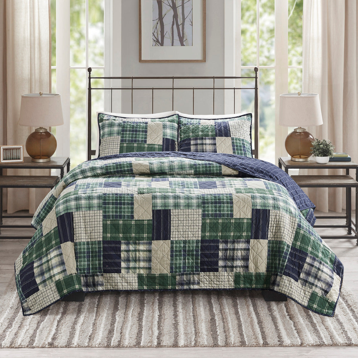 3 Piece Reversible Printed Quilt Set Green Navy Full Queen Green Navy Microfiber