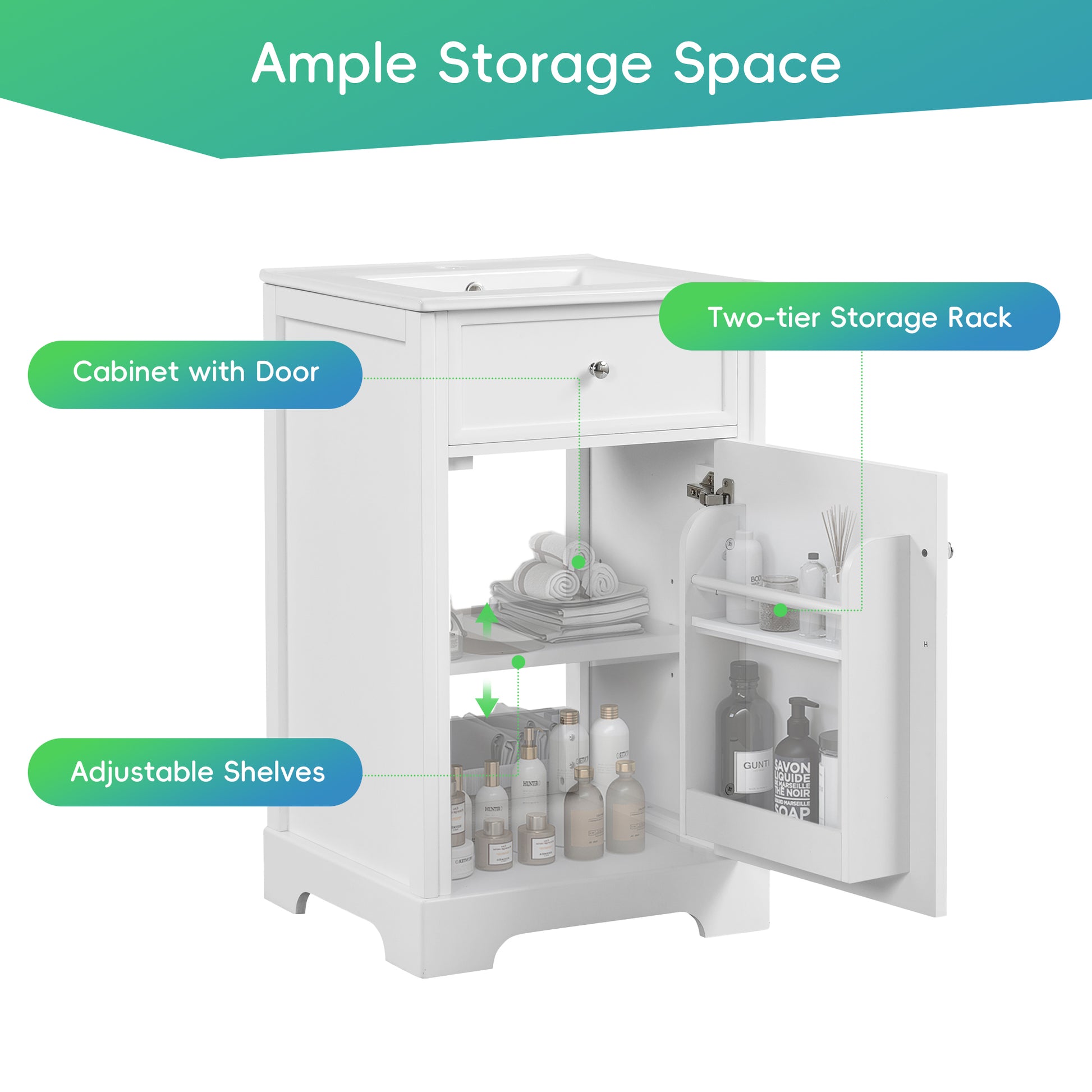 20" Bathroom Vanity With Sink, Bathroom Cabinet With Soft Closing Door, Storage Rack And Adjustable Shelve, White White Mdf