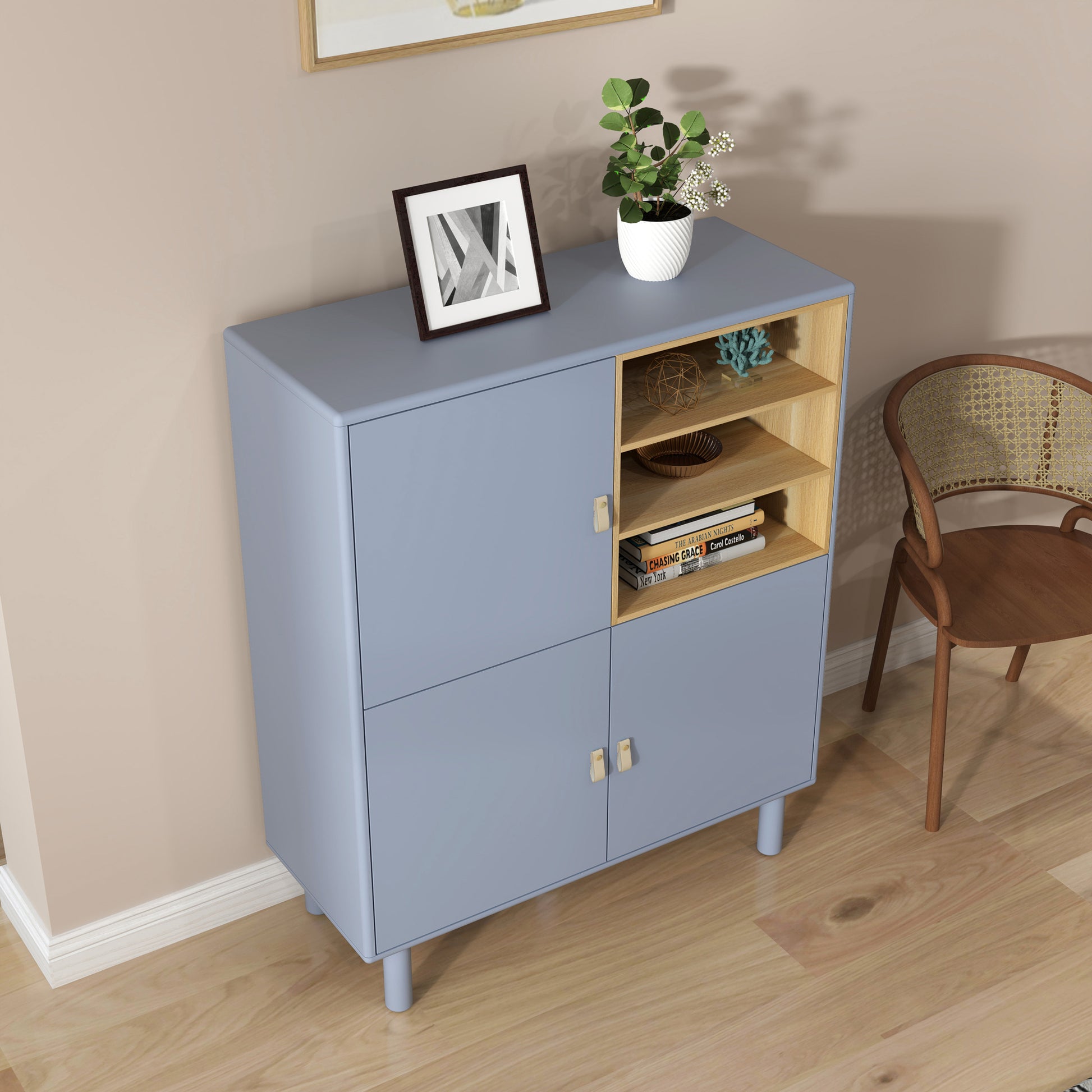 Storage Cabinet With Door, Multifunctional Storage Cabinet, Modern Sideboard Cabinet, Wooden Storage Cabinet, Leather Handle Drawer Cabinet, Home Storage Cabinet, Office Cabinet Blue Solid Wood Mdf