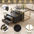 Modern 2 Pieces Black Square Nesting Coffee Table With Drawers & Electroplated Gold Legs In 27.6'' Golden Black Drawers Coffee & End Tables Glossy Square Mdf Glass Mdf Pedestal