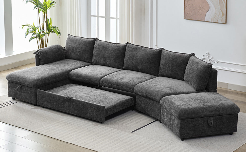 146.9" L Shaped Sofa Sectional Sofa Couch Pull Out Sofa Bed With A Movable Storage Ottoman, A Storage Chaise Lounge And Two Usb Ports For Living Room, Grey Grey Foam Linen 5 Seat