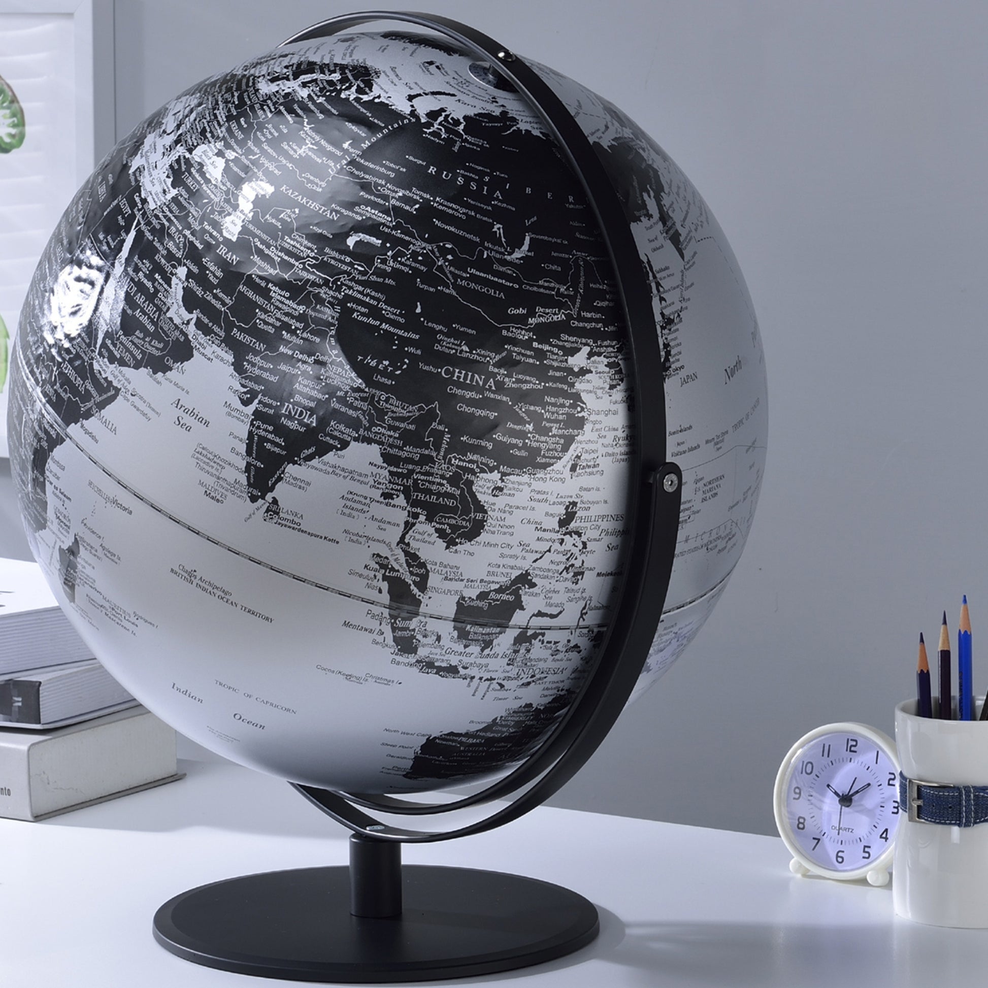 20.5" Tall Black And Silver Globe With 3D Mountain Landscape Black Polyresin