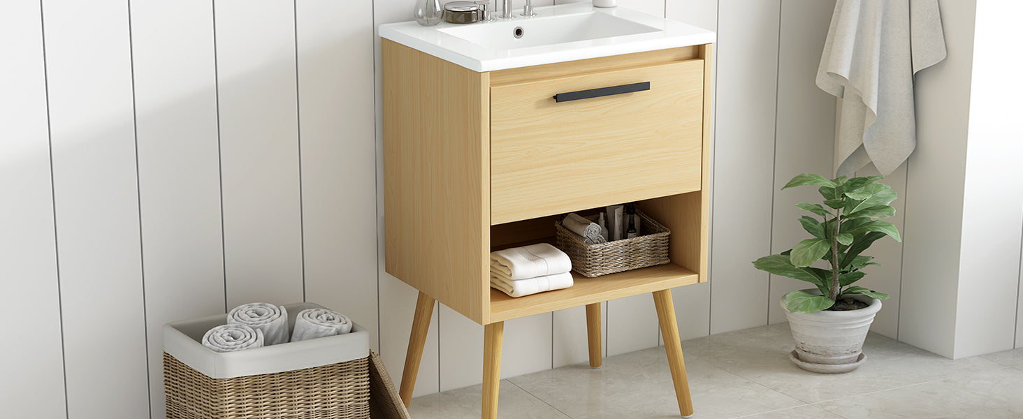 24" Bathroom Vanity With Sink Combo, Multi Functional Bathroom Cabinet With Drawer, Mdf Board, Natural Natural Solid Wood Mdf