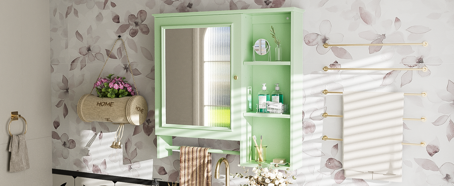 Wall Mounted Bathroom Storage Cabinet, Medicine Cabinets With Large Mirror Door, Adjustable Shelves And Three Open Storage Levels Not Include Bathroom Vanity Green 1 5 Mirror Included Bathroom Wall Mounted Mdf Glass Painted