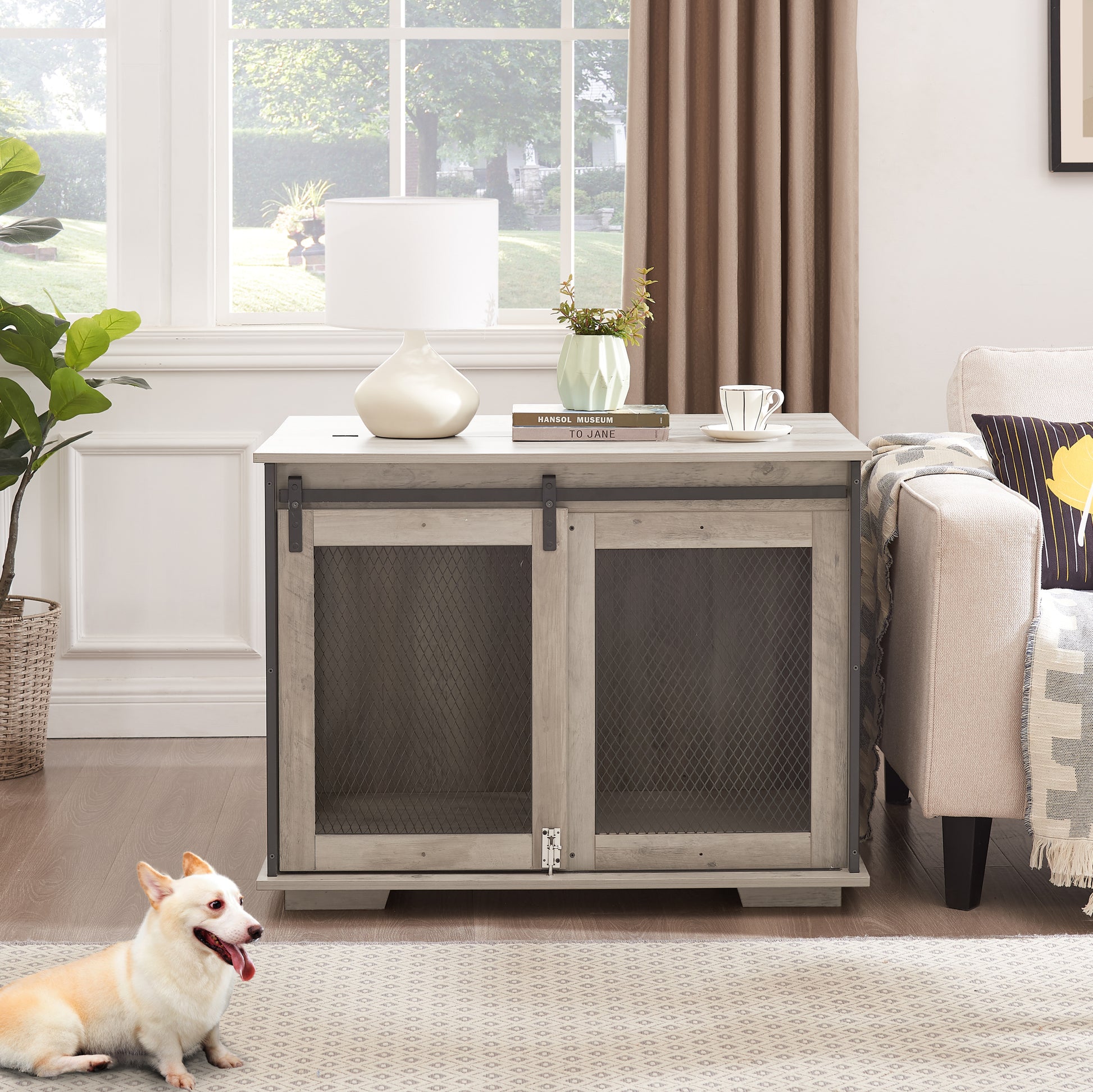 Farmhouse Dog Cage Crate Furniture With Sliding Barn Door, Farmhouse Wooden Dog Kennel End Table With Flip Top Plate Dog House With Detachable Divider For Small Medium Large Dog Gray Gray Wash Mdf