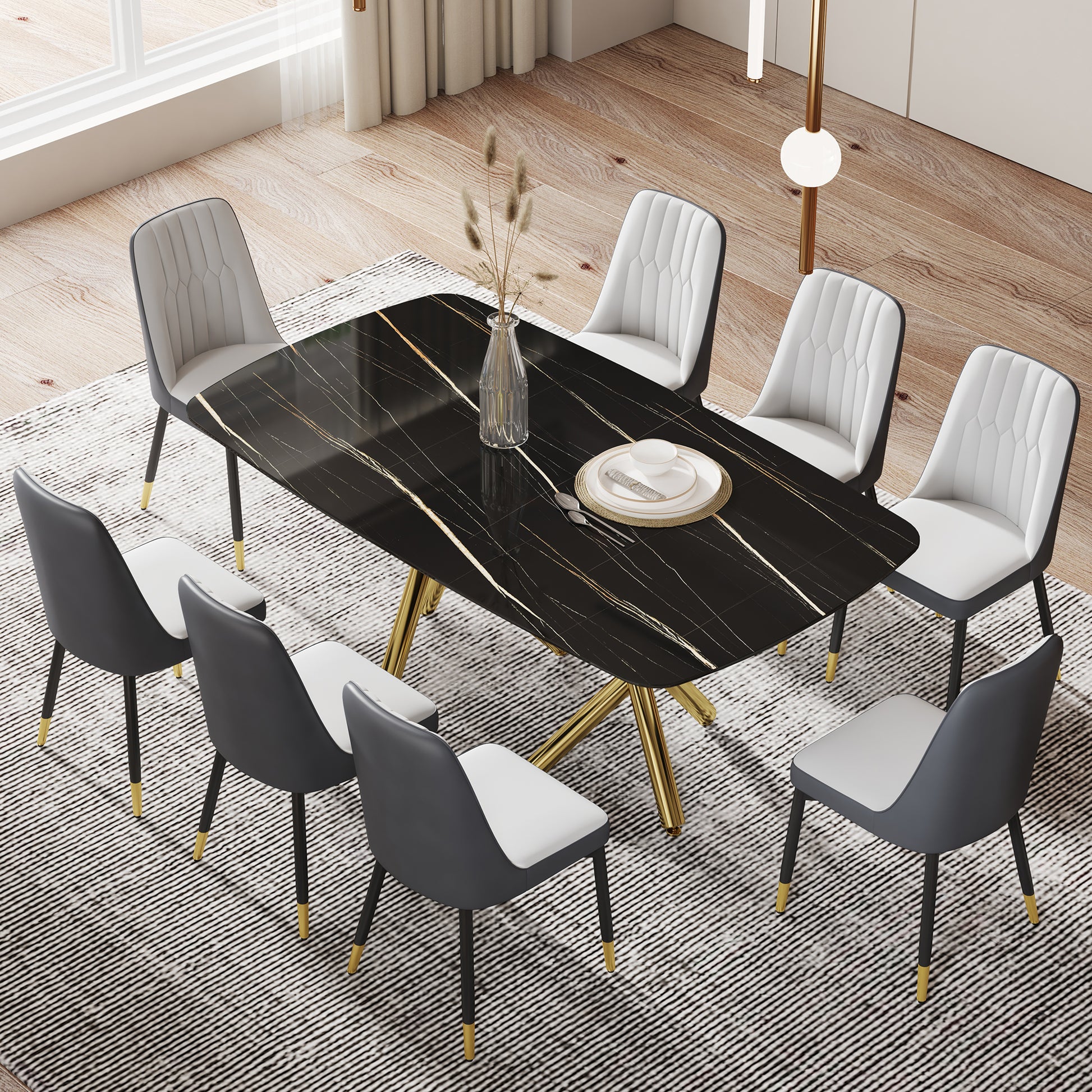 Large Modern Minimalist Rectangular Dining Table With 0.39 "Imitation Marble Black Desktop And Gold Metal Legs, For Kitchen Dining Living Meeting Room Banquet Hal 1538 Black Glass