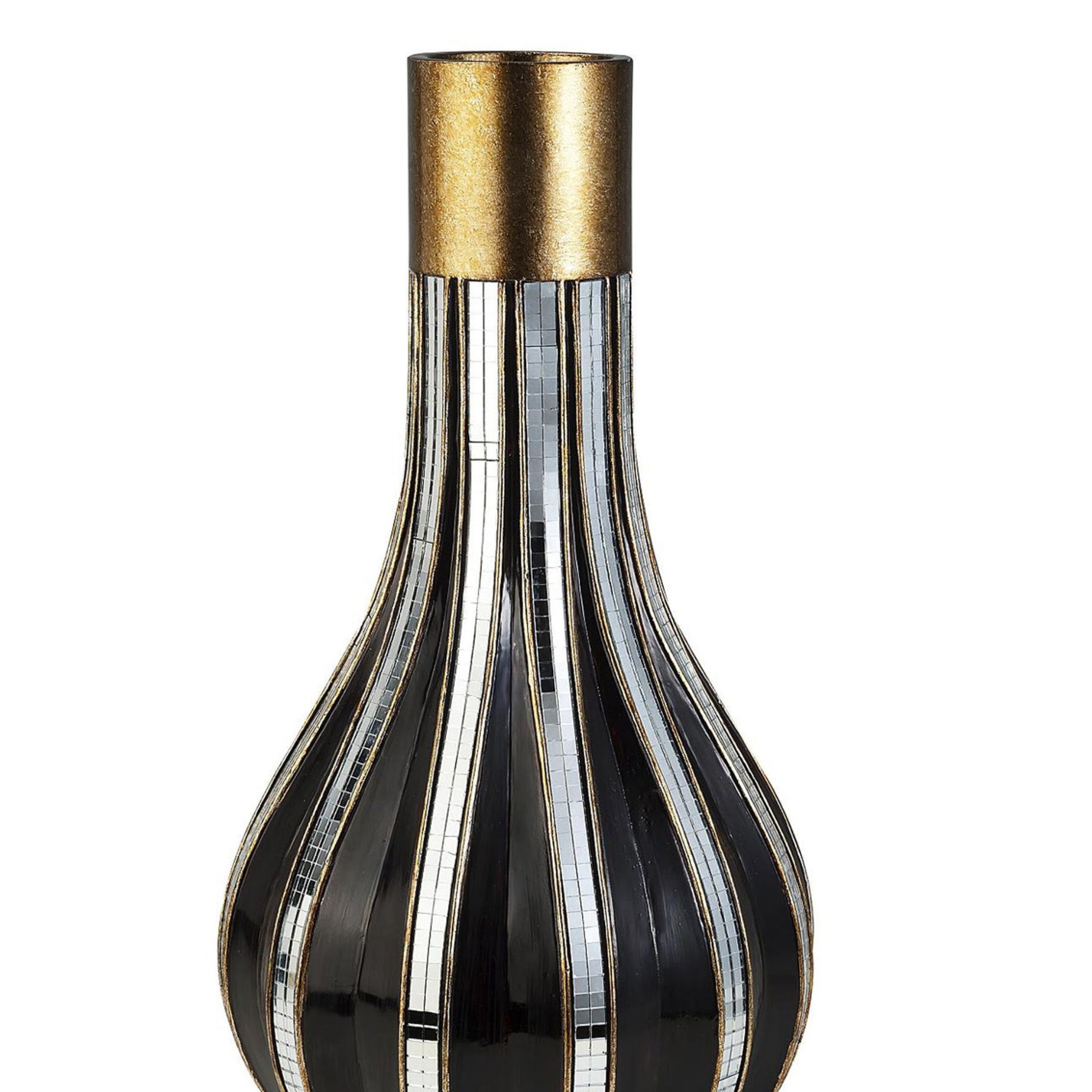 16.25" Tall Polyresin Decorative Vase, Gold Finish With Mosaic Glass Stripes Multicolor Polyresin