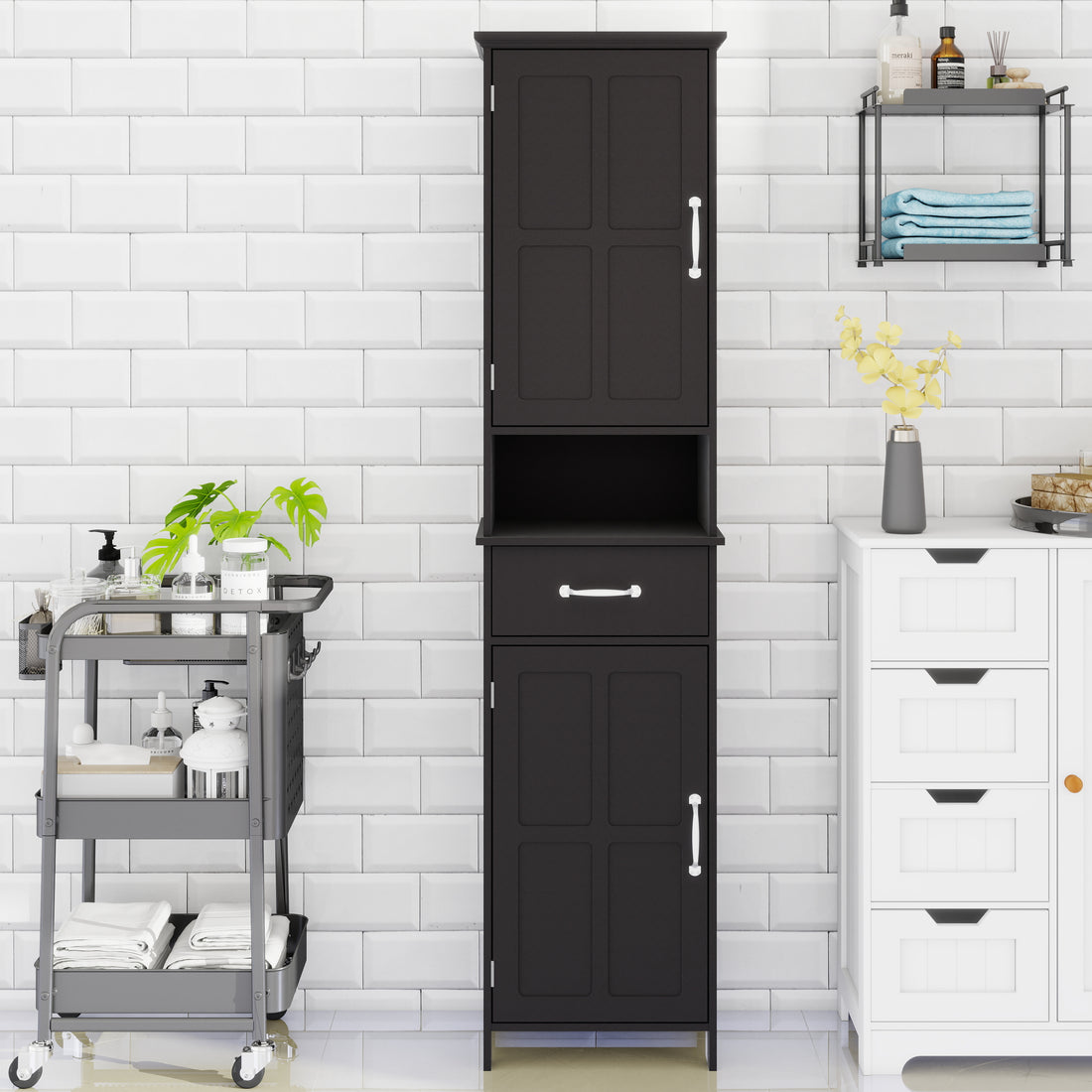 Double Door Narrow Height Slim Floor Standing Cabinet With 2 Adjustable Shelves Black Black Mdf