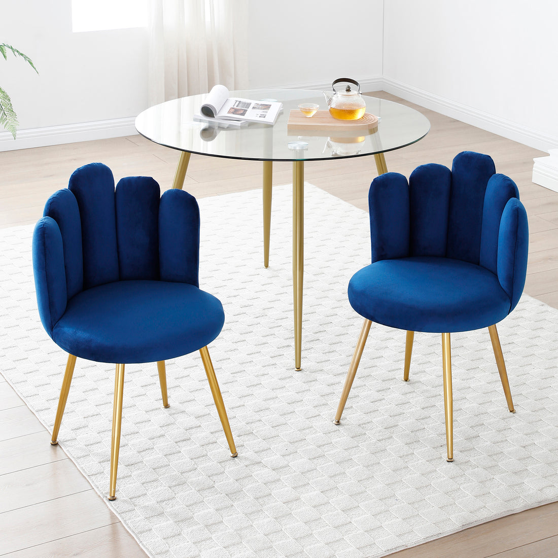 Modern Velvet Dining Chairs Set Of 2, Upholstered Woven Dining Chair With Golden Metal Legs, Upholstered Dining Chairs For Dining Room, Kitchen, Vanity, Living Room Blue Primary Living Space Foam Velvet