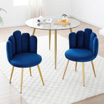 Modern Velvet Dining Chairs Set Of 2, Upholstered Woven Dining Chair With Golden Metal Legs, Upholstered Dining Chairs For Dining Room, Kitchen, Vanity, Living Room Blue Primary Living Space Foam Velvet
