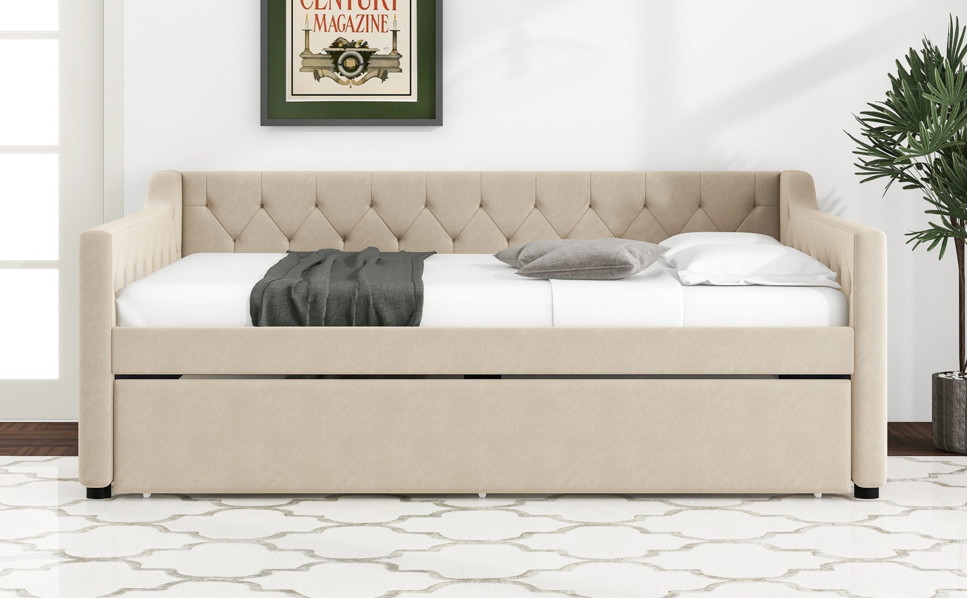 Full Size Upholstered Tufted Daybed With Twin Size Trundle, Beige Beige Upholstered