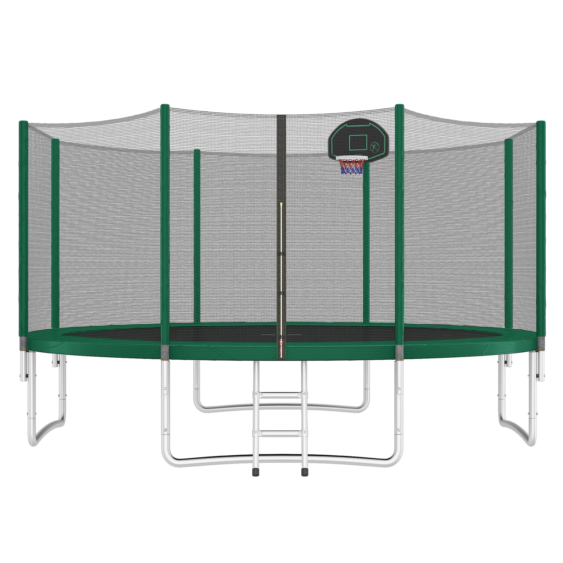 14Ft Trampoline For Kids With Safety Enclosure Net, Basketball Hoop And Ladder, Easy Assembly Round Outdoor Recreational Trampoline Green Metal