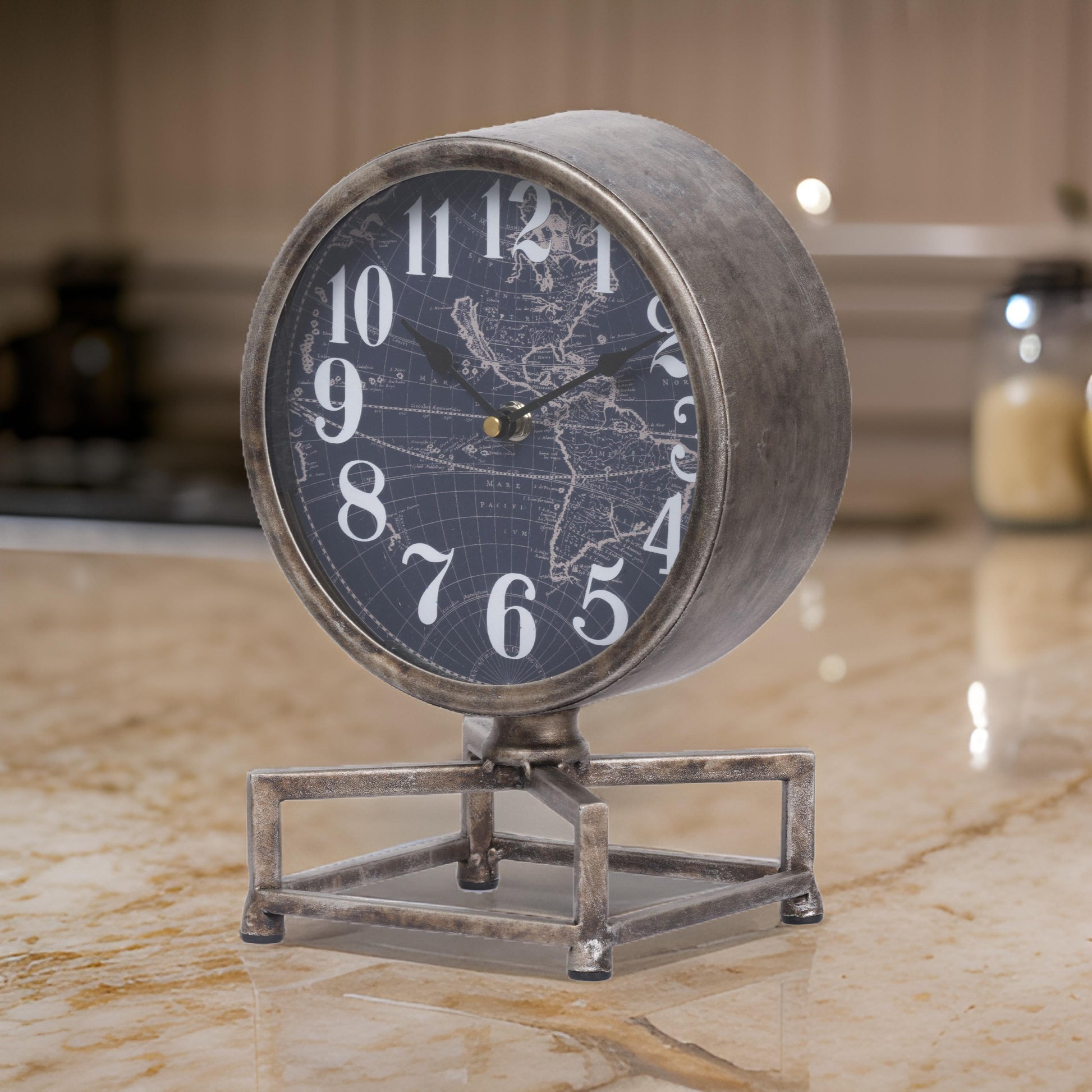 Metal Table Clock With Map Theme Background And Geometric Base, Gray Gray Glass Metal