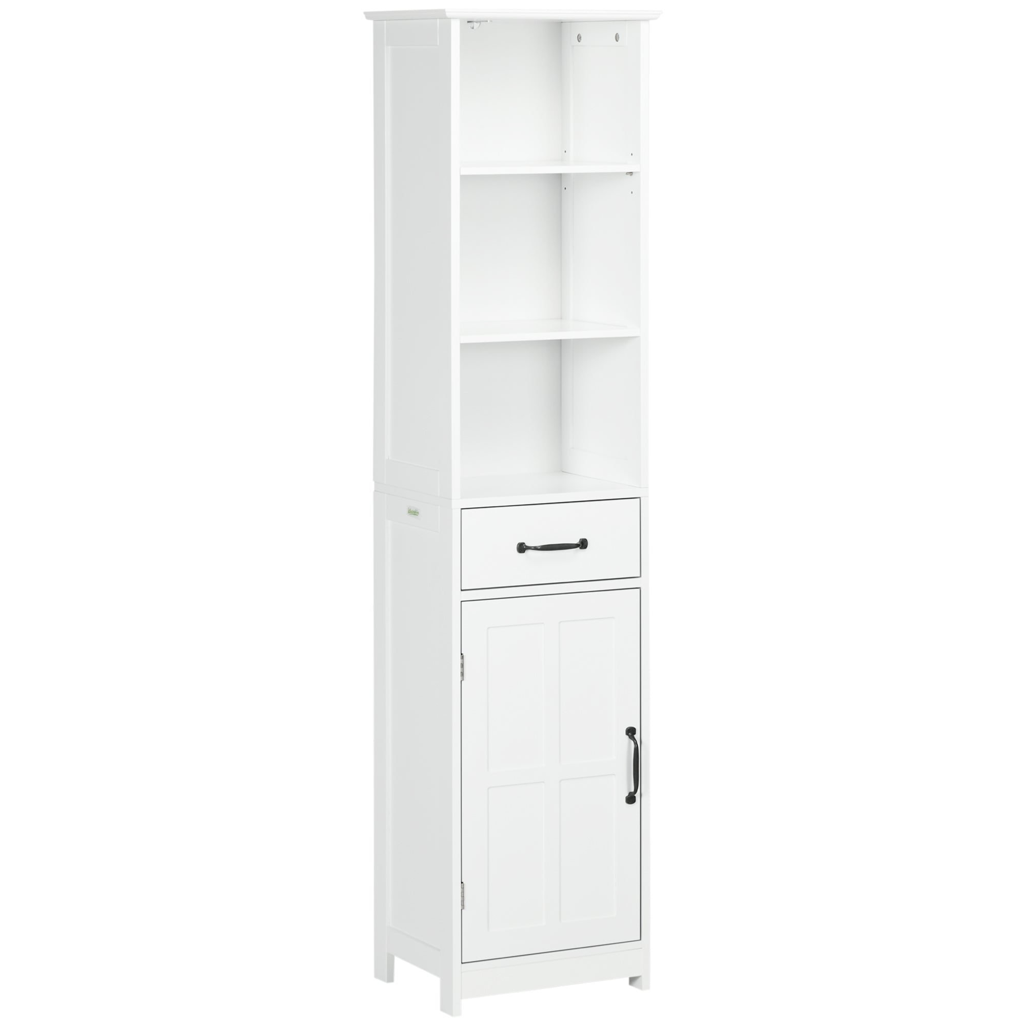 Kleankin Slim Bathroom Storage Cabinet, Tall Bathroom Cabinet, Linen Tower With 3 Open Shelves, Drawer, Recessed Door And Adjustable Shelf, White White Mdf