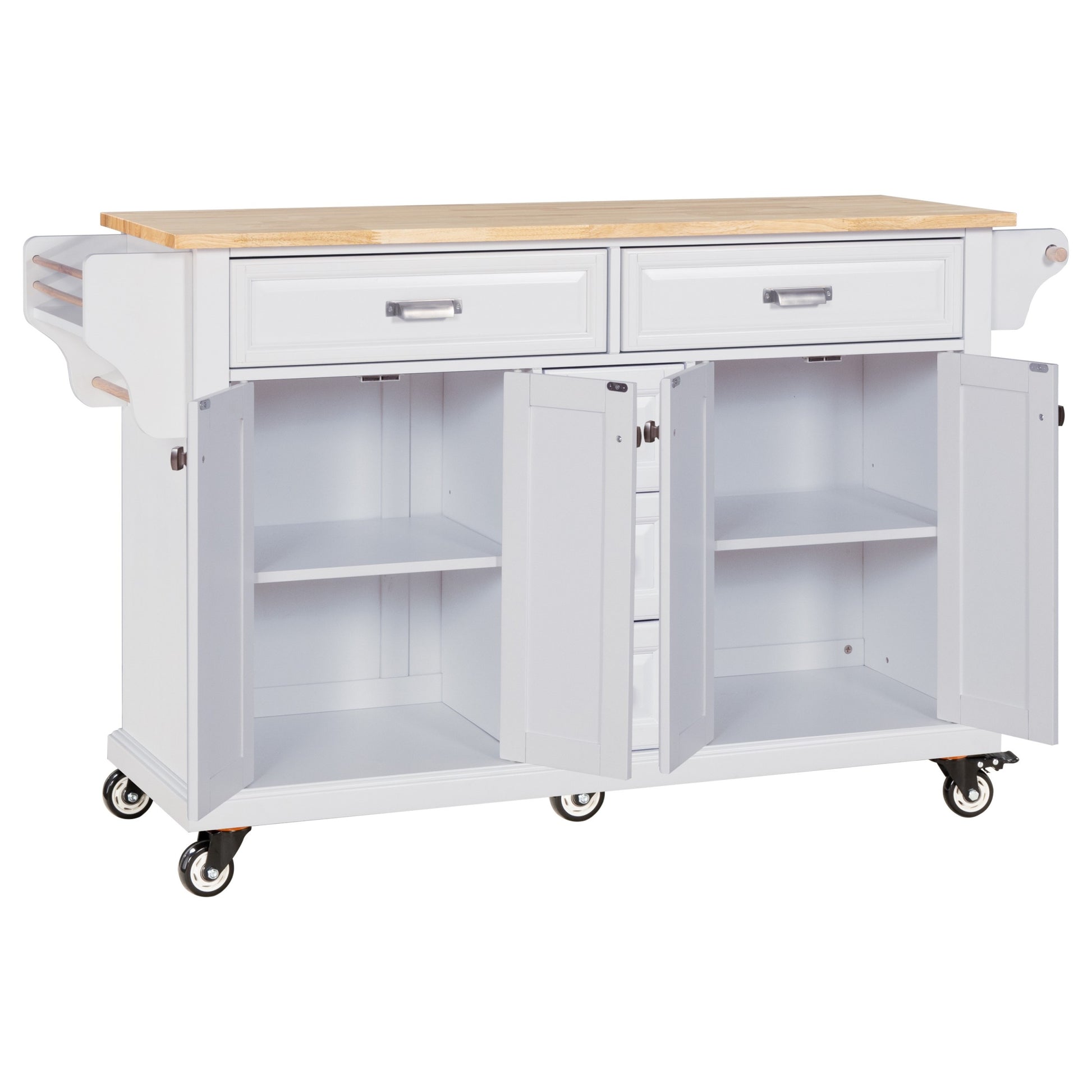 Kitchen Island With Rubber Wood Countertop, Kitchen Cart On 5 Wheels With Storage Cabinet And 5 Drawers For Dinning Room, White White Dining Room Rectangular Rubberwood Solid Wood Mdf Large 56 In