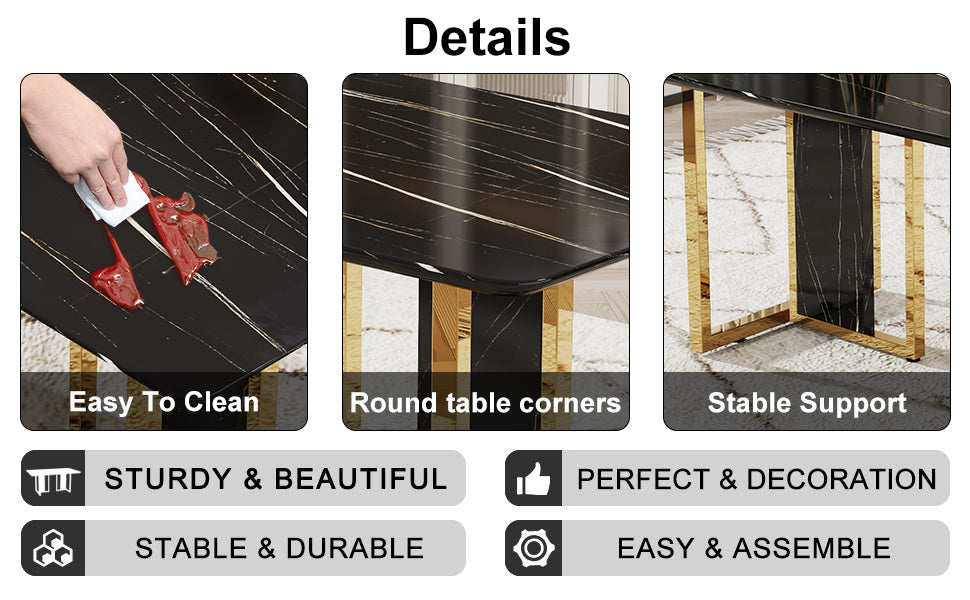 Table And Chair Set. Modern Dining Table With Mdf Top And Beautiful Mdf Legs. Equipped With Comfortable Pu Chairs And Metal Legs. Suitable For A Wide Range Of Decorative Styles. Black Seats 8 Mdf