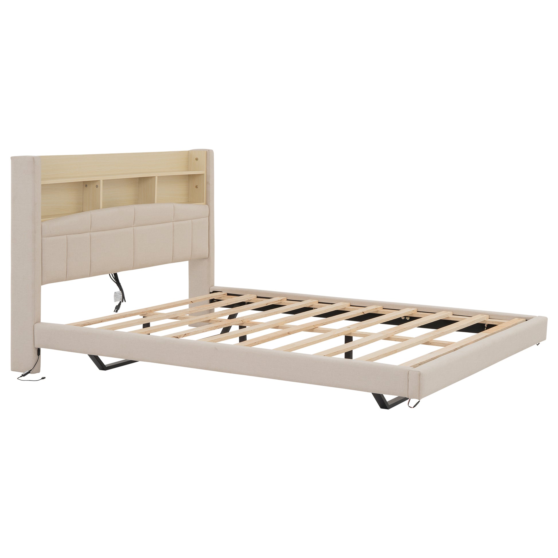 Queen Size Upholstered Floating Bed With Led And Storage Headboard, Beige Box Spring Not Required Queen Beige Wood Bed Frame Linen Upholstered