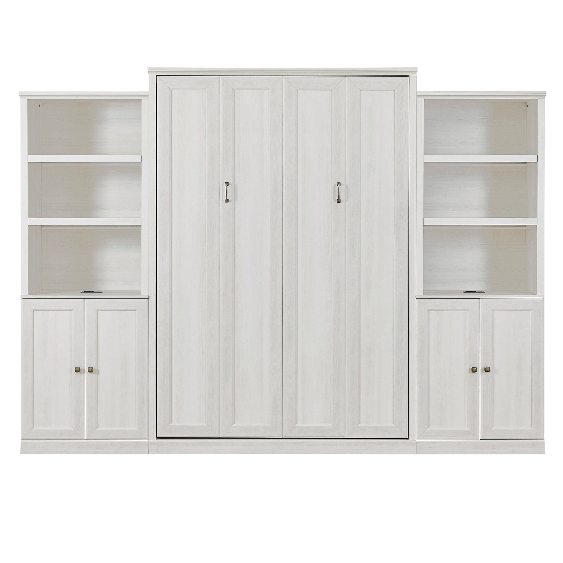 Queen Size Half Self Close And Open Murphy Bed With 2 Side Cabinet Storage Shelf, Cabinet Space Saving Bed Perfect For Guest Room, Bed Room, Guest Room, Home Office, Rustic White Box Spring Not Required Queen Rustic White Wood White Pine Murphy Solid
