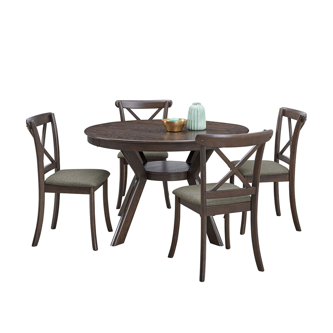 Wooden Dining Table Set, Mid Century Modern Round Rubber Wood Kitchen Table And Cross Back Upholstered Dining Chairs For Dining Room, Kitchen, Saving Space 1 Table With 4 Chairs , Dark Brown Dark