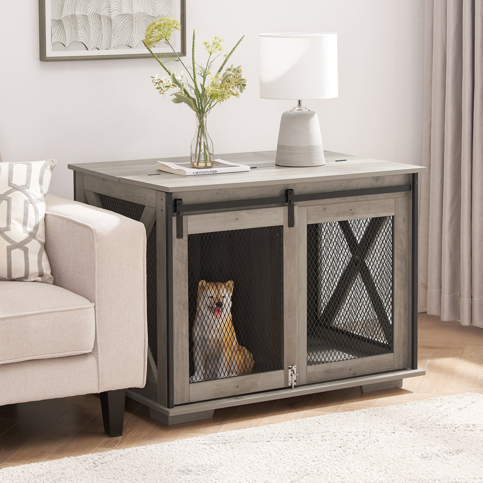 Farmhouse Dog Cage Crate Furniture With Sliding Barn Door, Farmhouse Wooden Dog Kennel End Table With Flip Top Plate Dog House With Detachable Divider For Small Medium Large Dog Gray Gray Wash Mdf